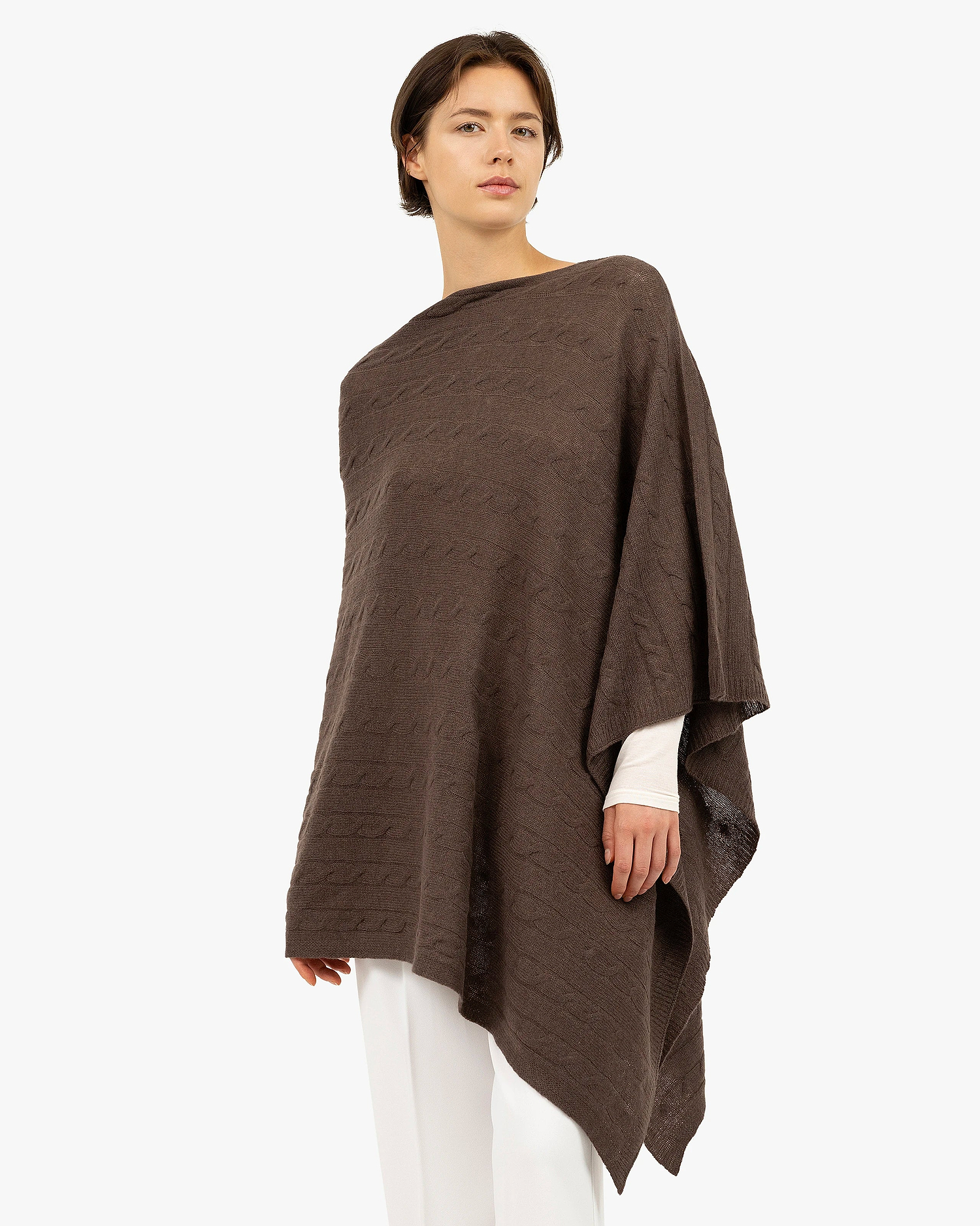 Cable Knit Essential Poncho - Brown Cashmere