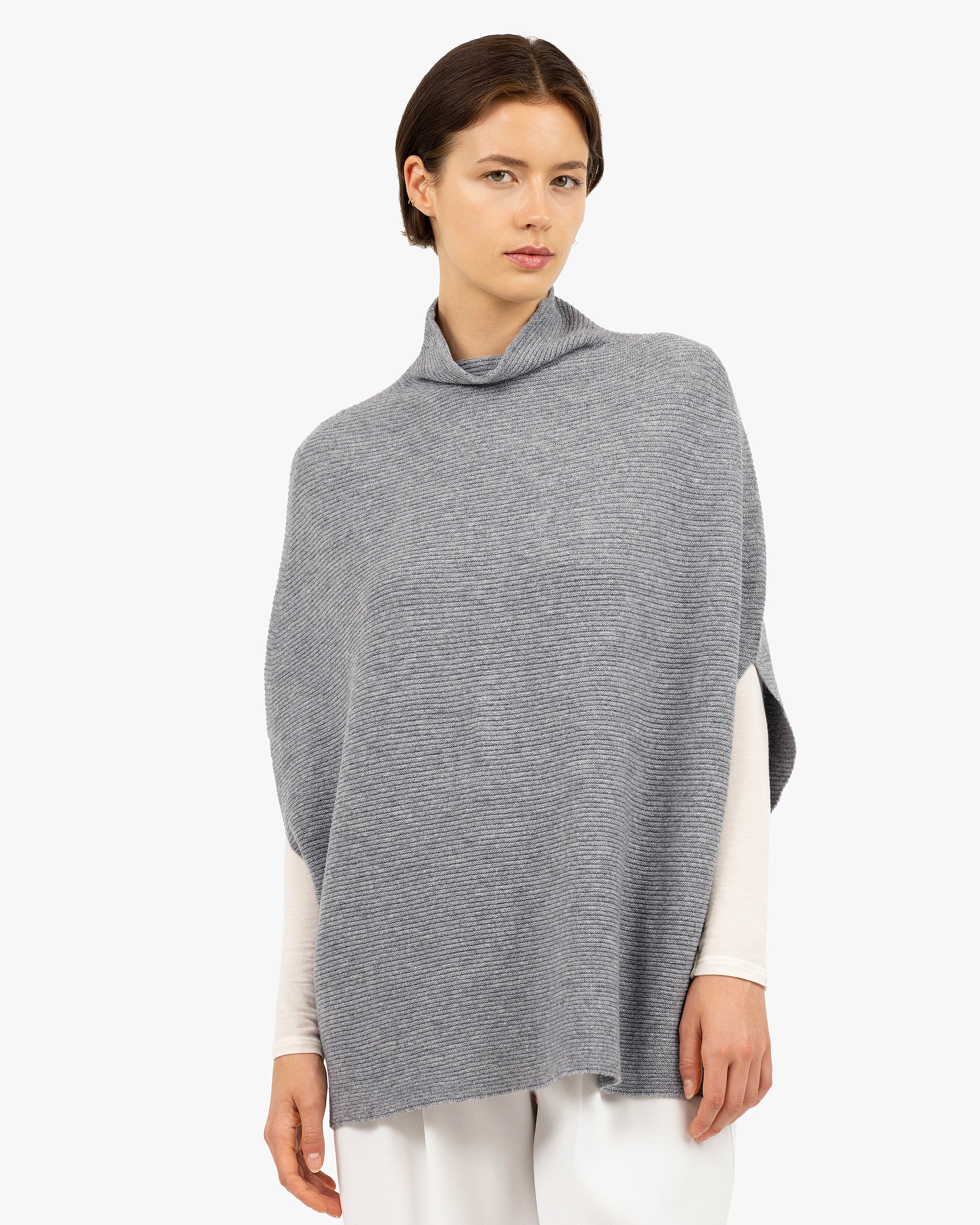 Mock Neck Cape Poncho - Medium Grey Cashmere