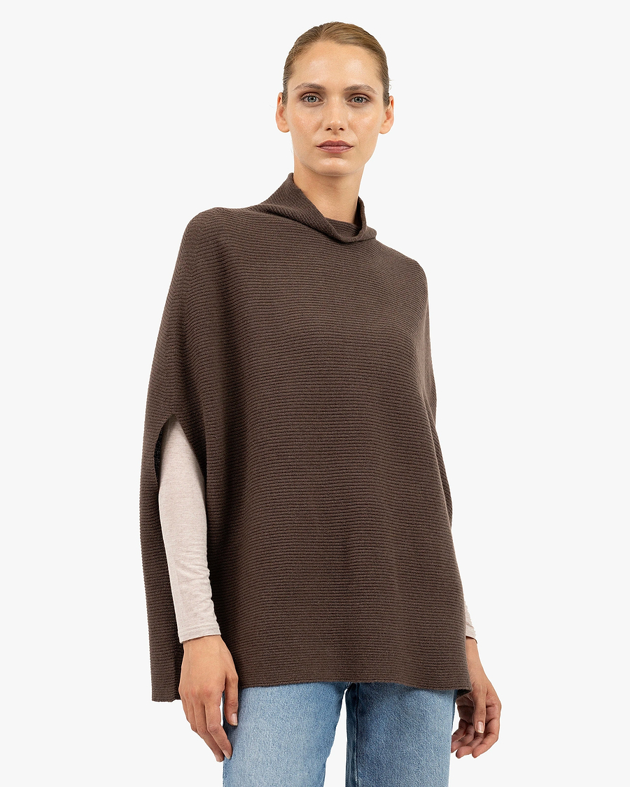 Mock Neck Cape Poncho - Brown Cashmere