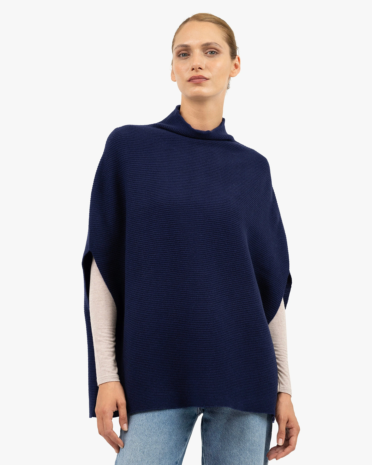 Cashmere Mock Neck Cape Poncho - Blue | MaisonCashmere