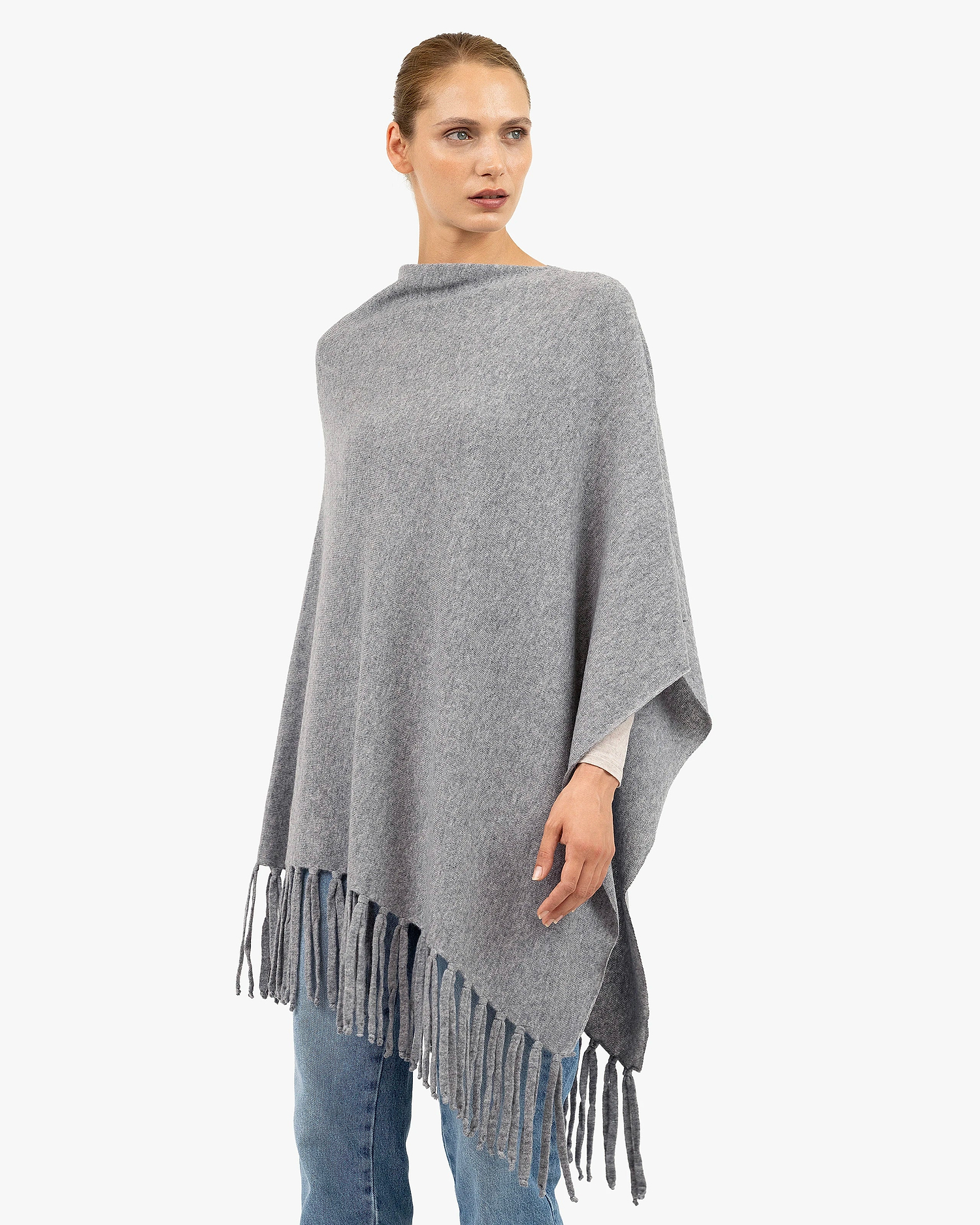 Poncho with Fringes - Medium Grey Cashmere
