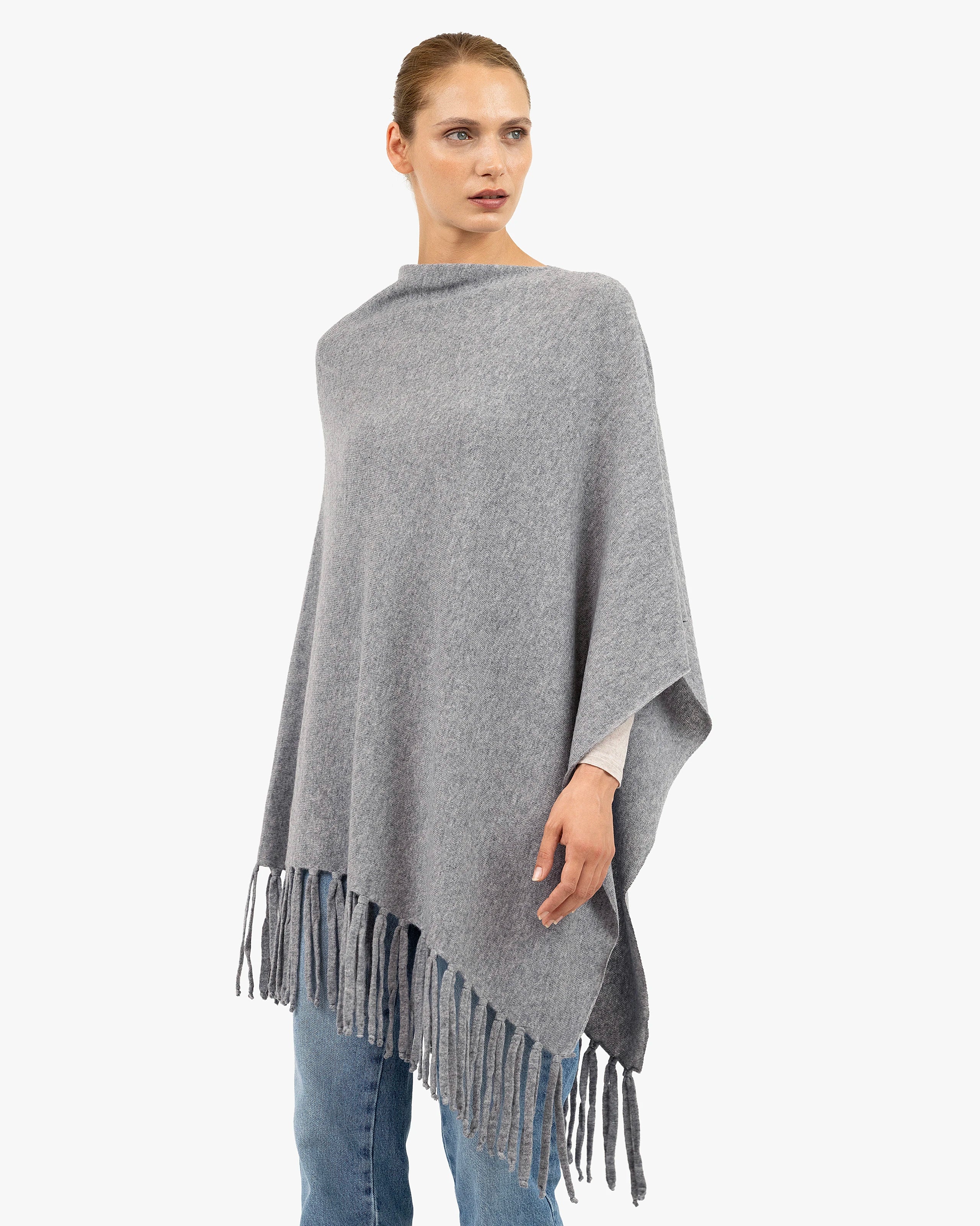 Poncho with Fringes - Medium Grey Cashmere