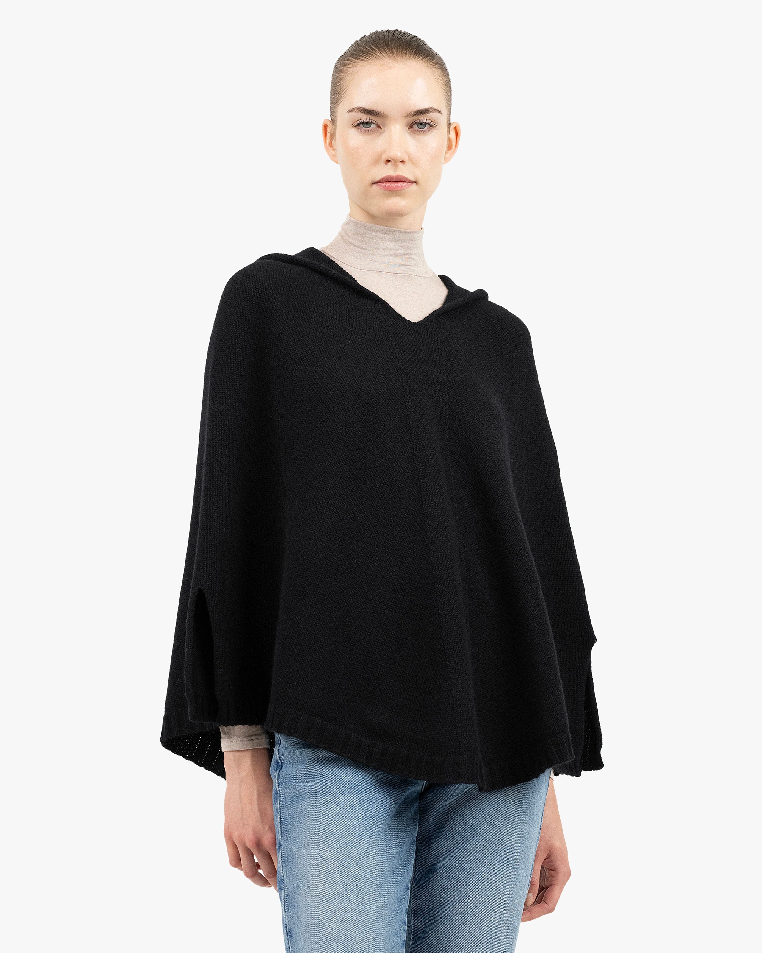 Hoodie Cashmere Poncho - Black | MaisonCashmere