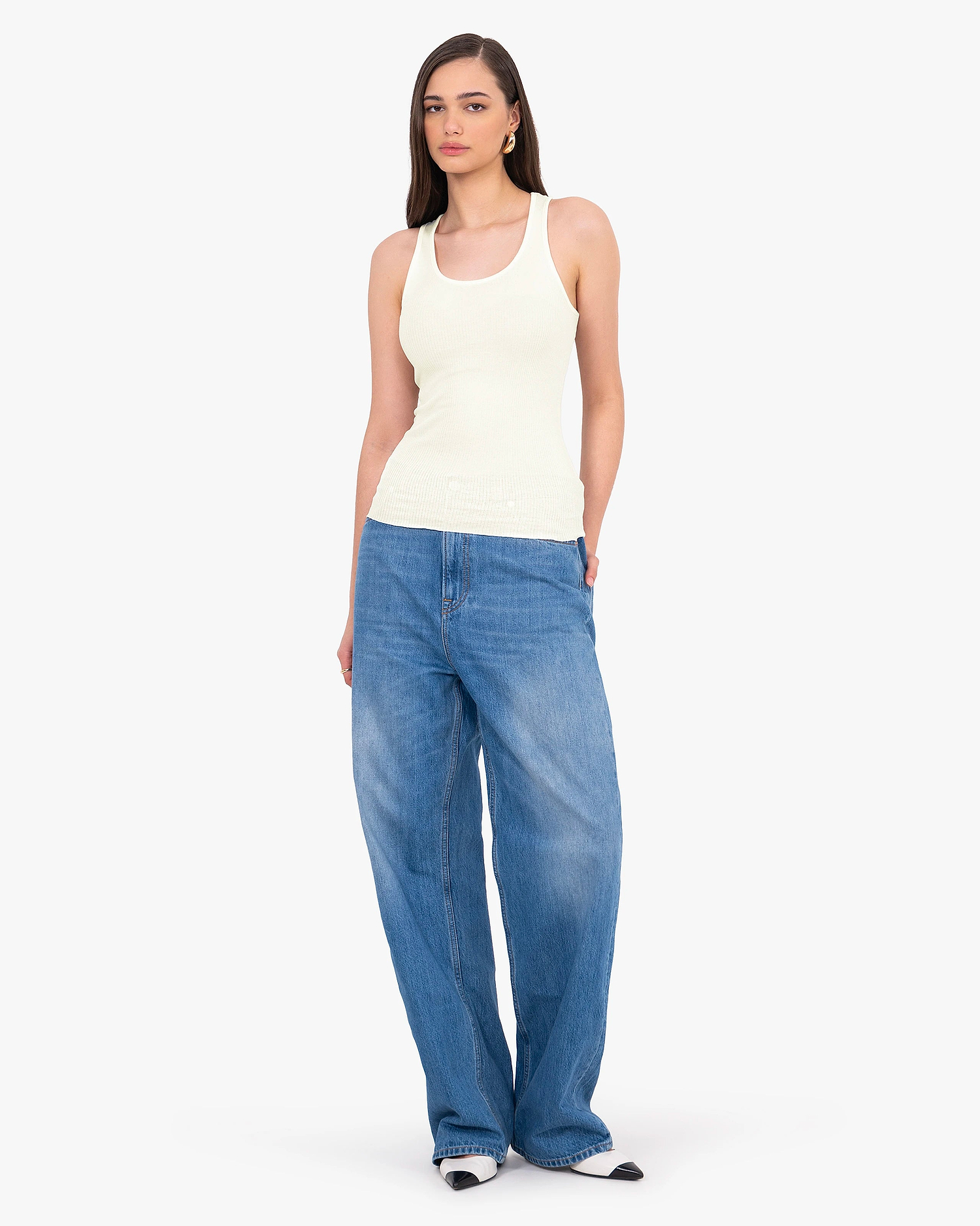 Scoop Neck Pleated Top - White Cotone / Seta