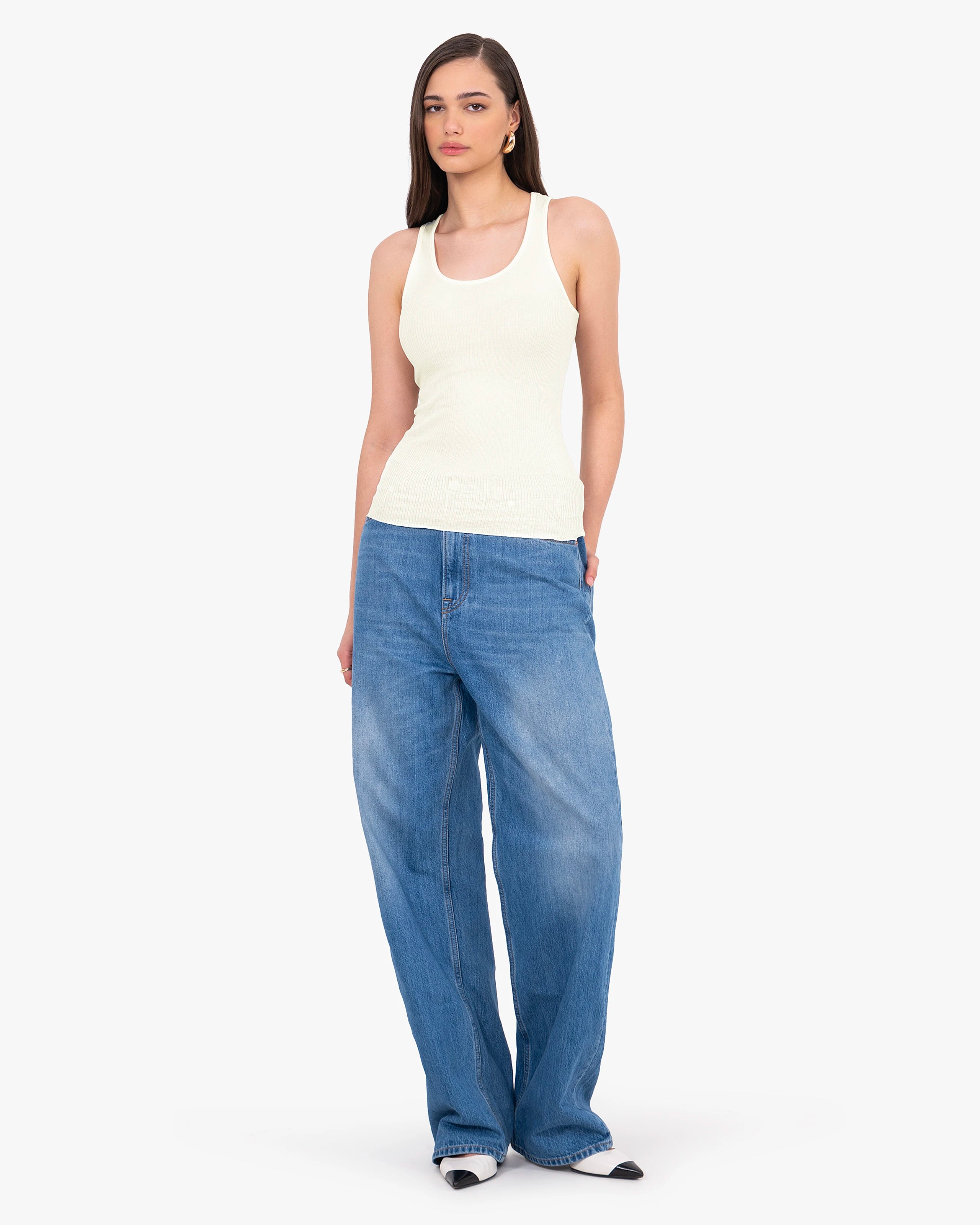 Scoop Neck Pleated Top - White Cotone / Seta