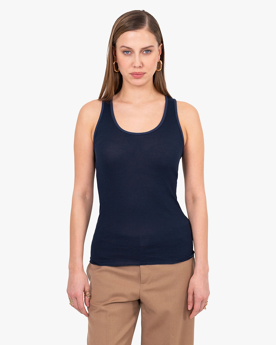 Scoop Neck Pleated Top - Blue Cotone / Seta