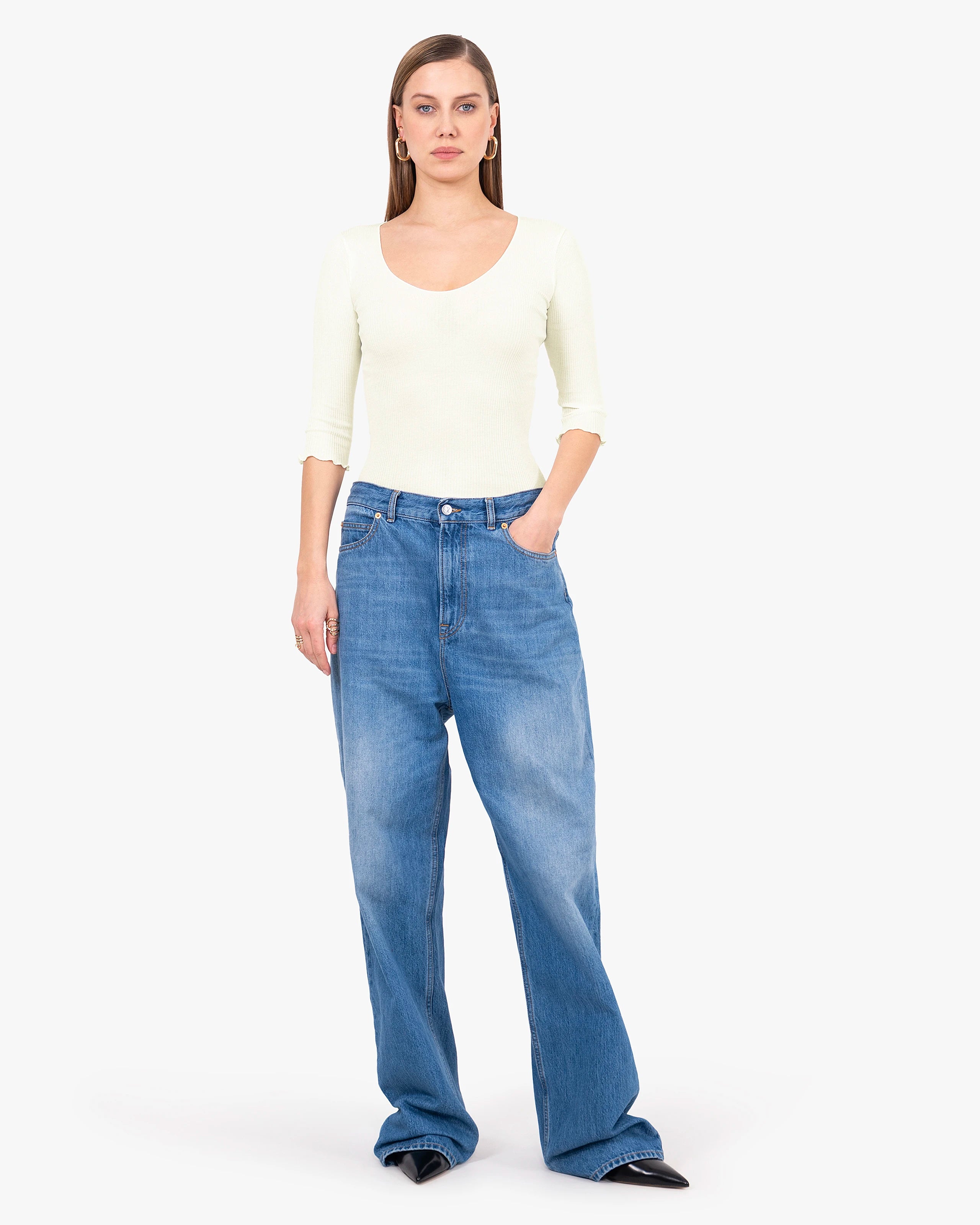 Pleated Scoop Neck Top - White Cotone / Seta