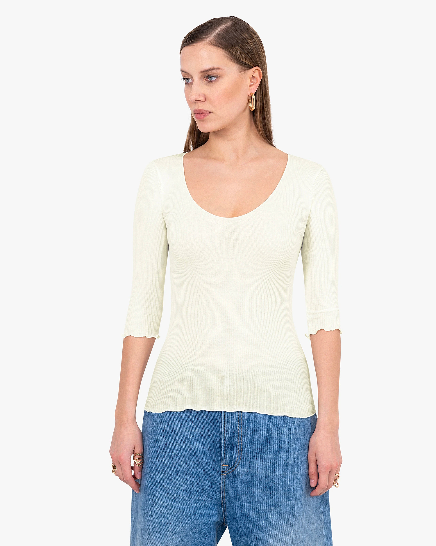 Pleated Scoop Neck Top - White Cotone / Seta