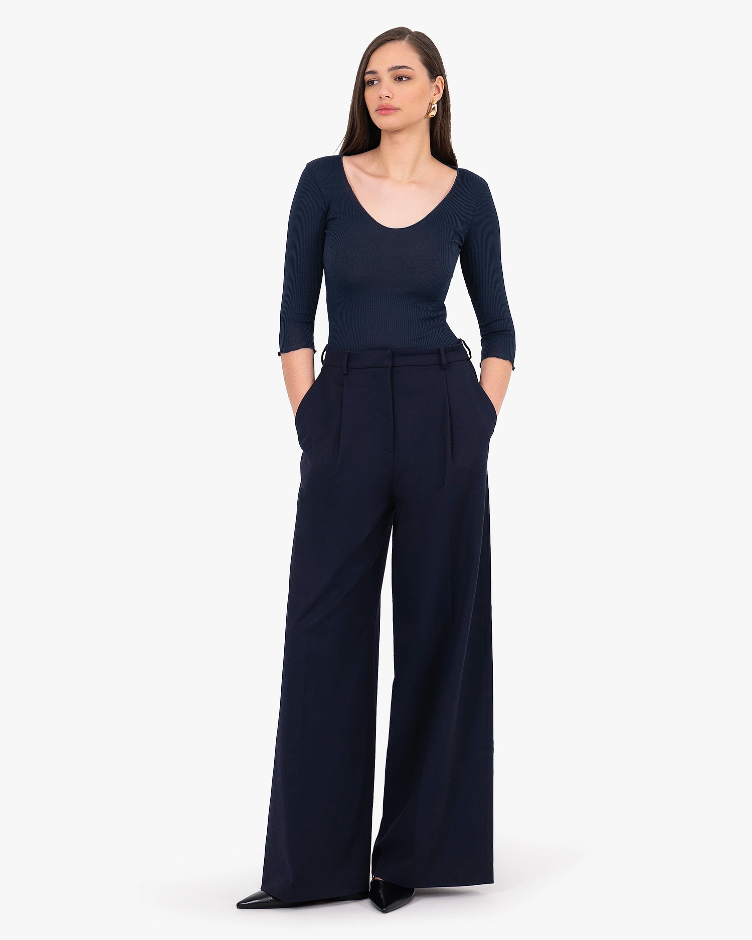 Pleated Scoop Neck Top - Blue Cotone / Seta