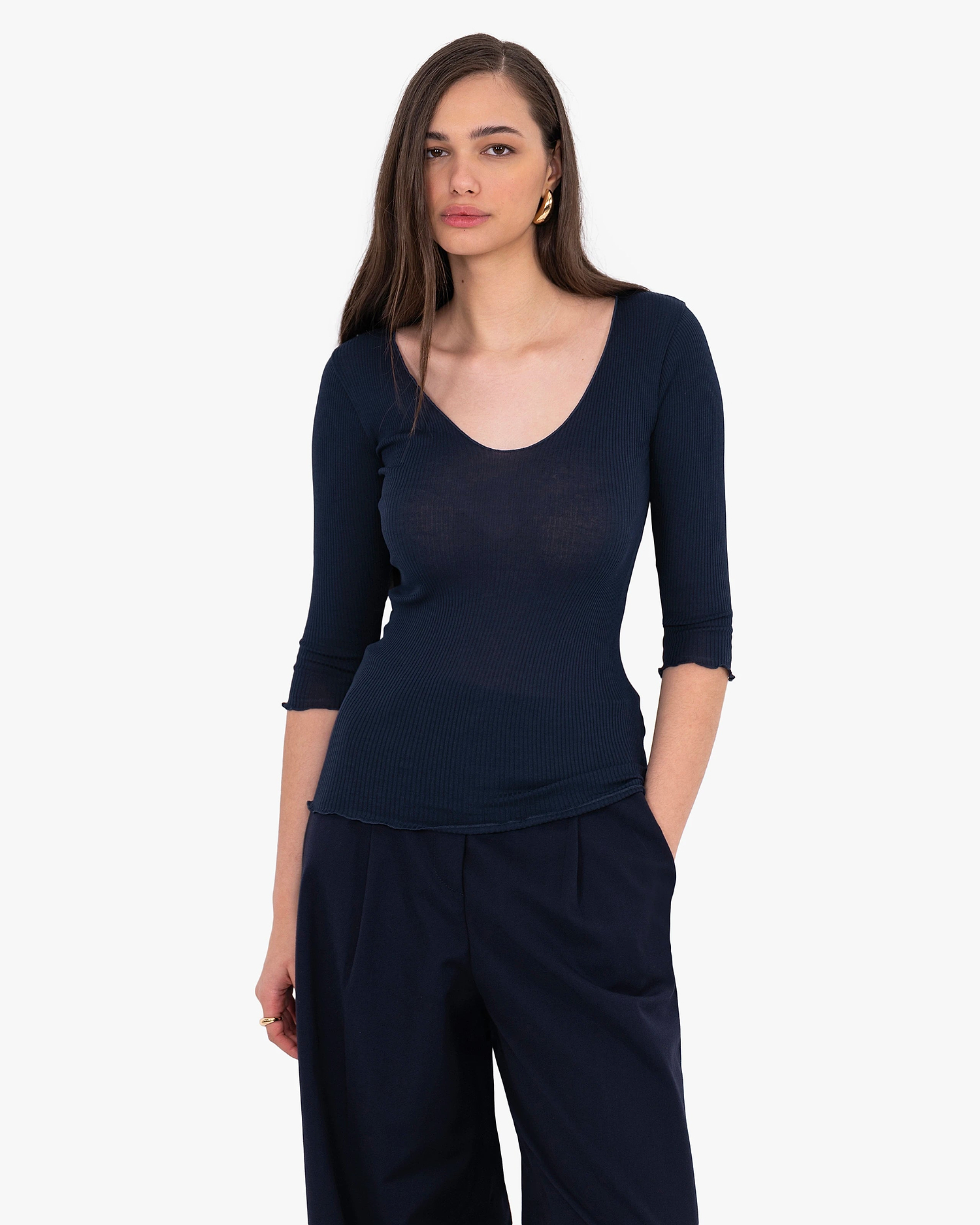Pleated Scoop Neck Top - Blue Cotone / Seta
