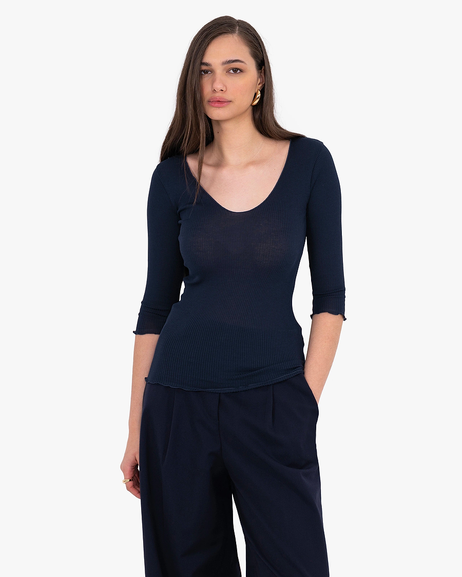 Pleated Scoop Neck Top - Blue Cotone / Seta