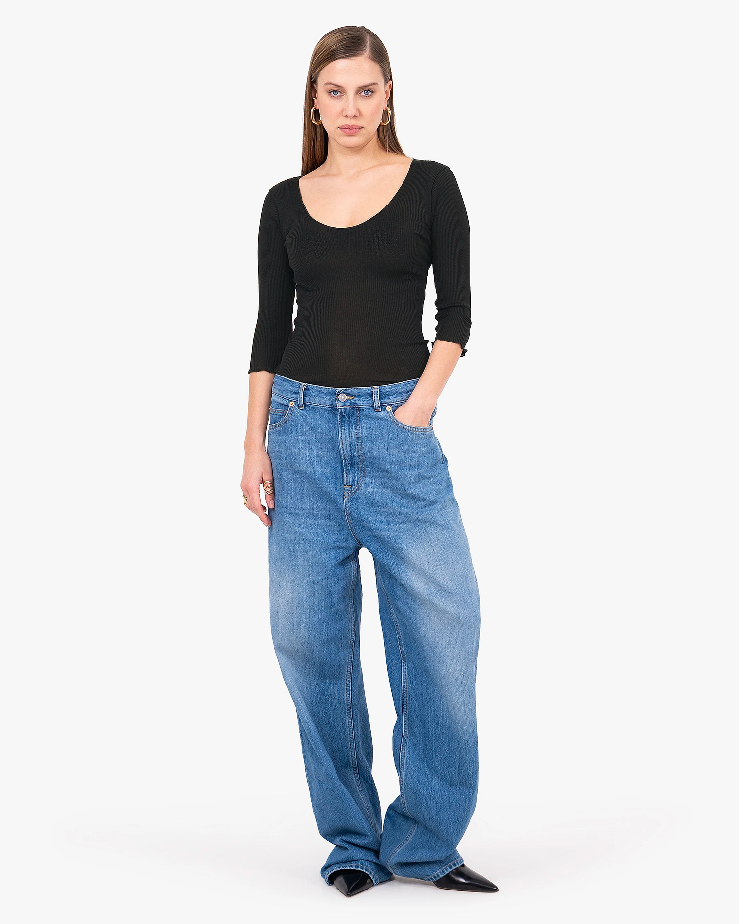 Pleated Scoop Neck Top - Black Cotone / Seta