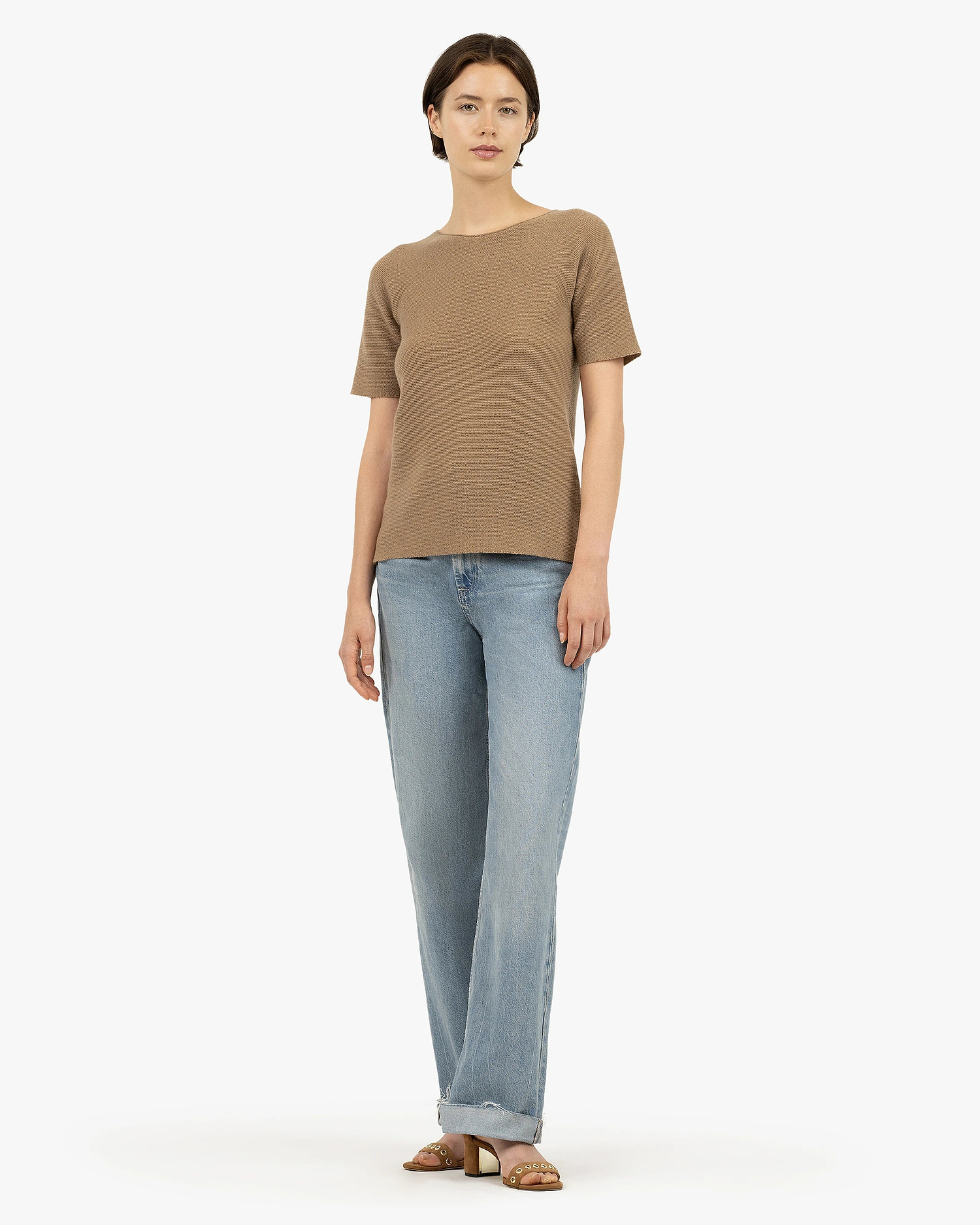 Soffio Boat Neck Tee - Camel Cashmere