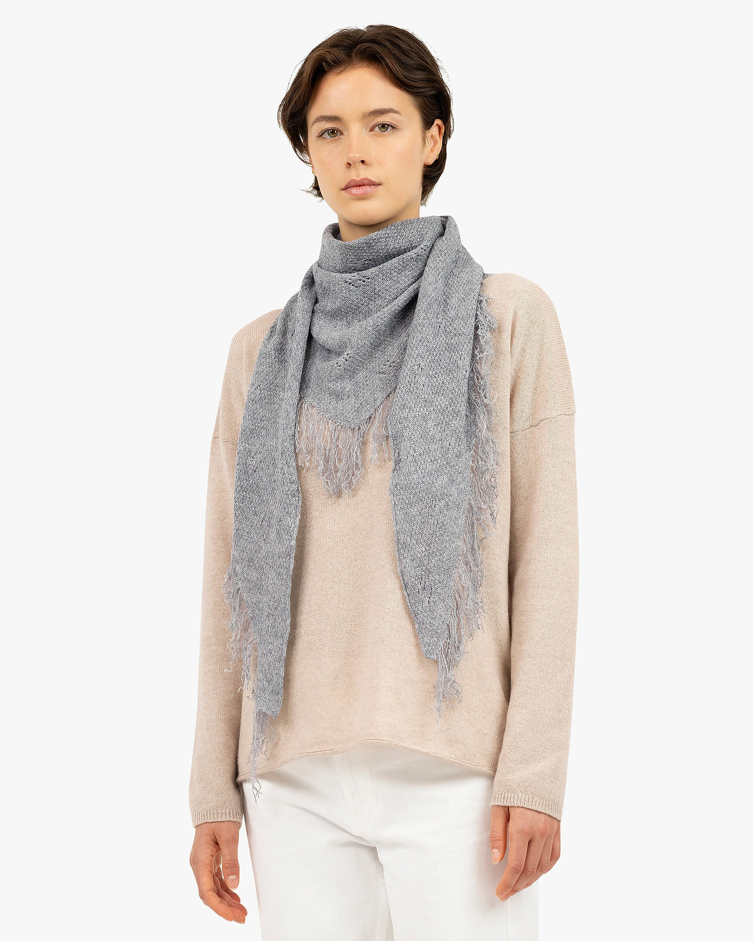 Pointelle Triangle Scarf - Medium Grey Cashmere