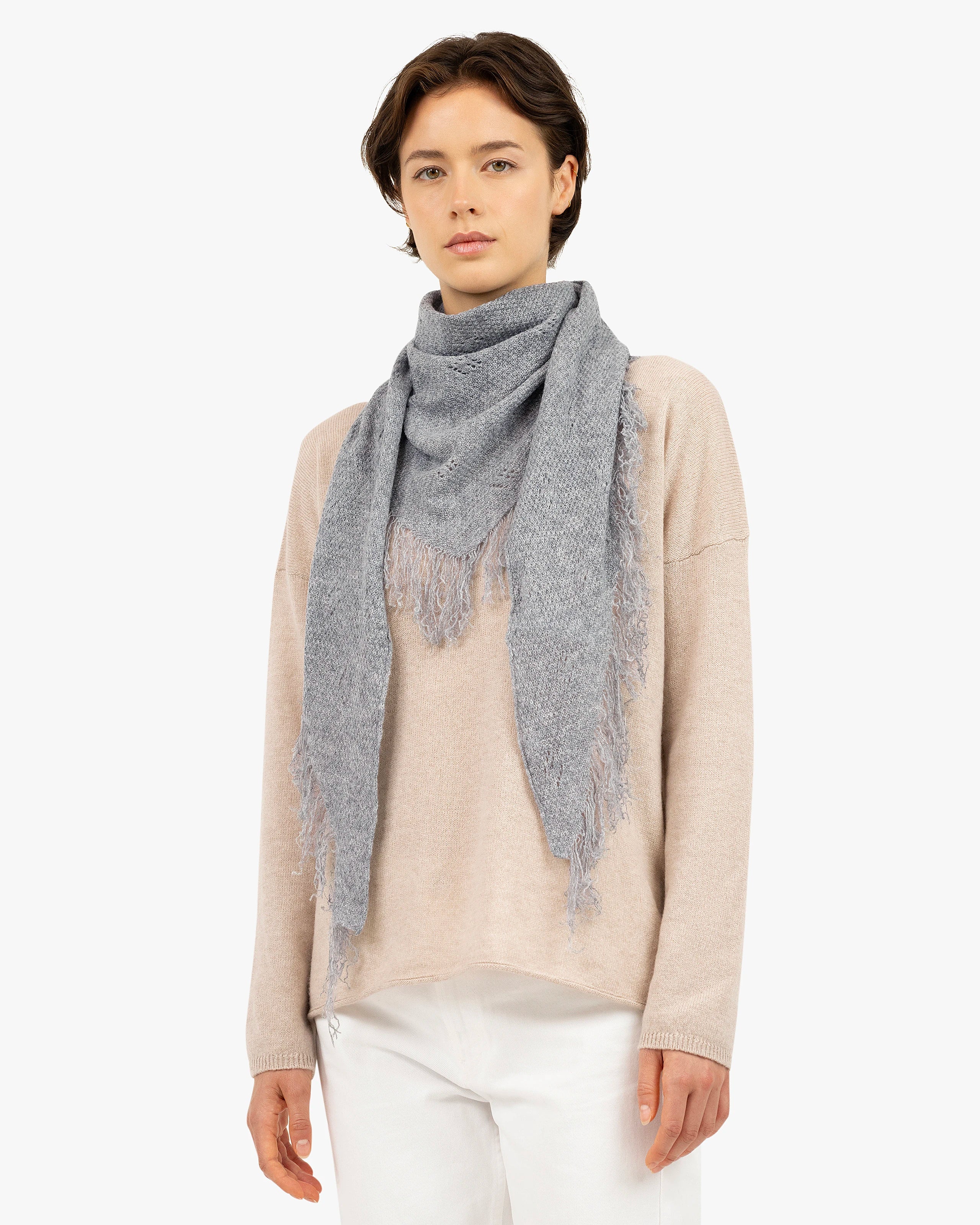 Pointelle Triangle Scarf - Medium Grey Cashmere
