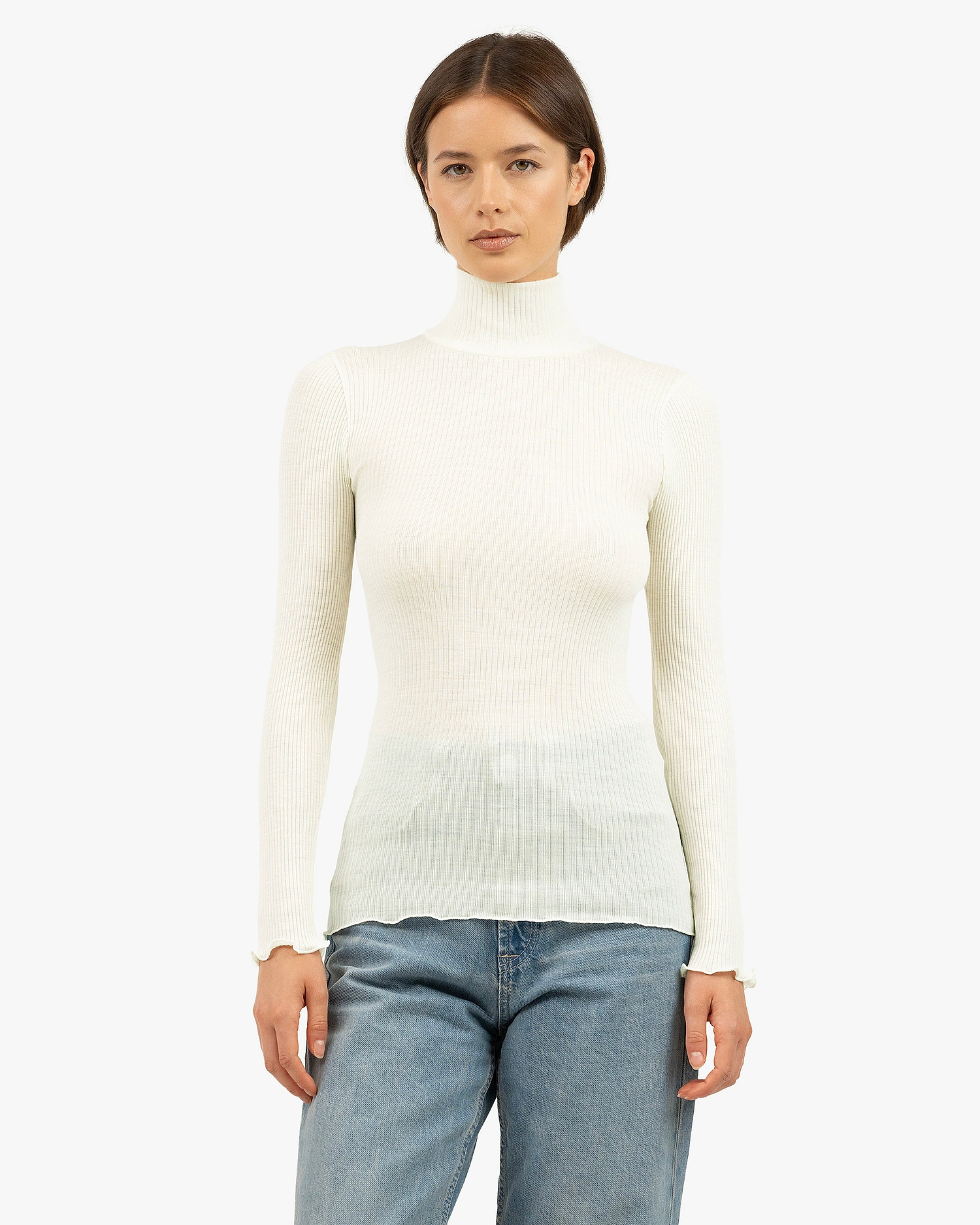 Pleated Turtleneck - White Merino / Seta