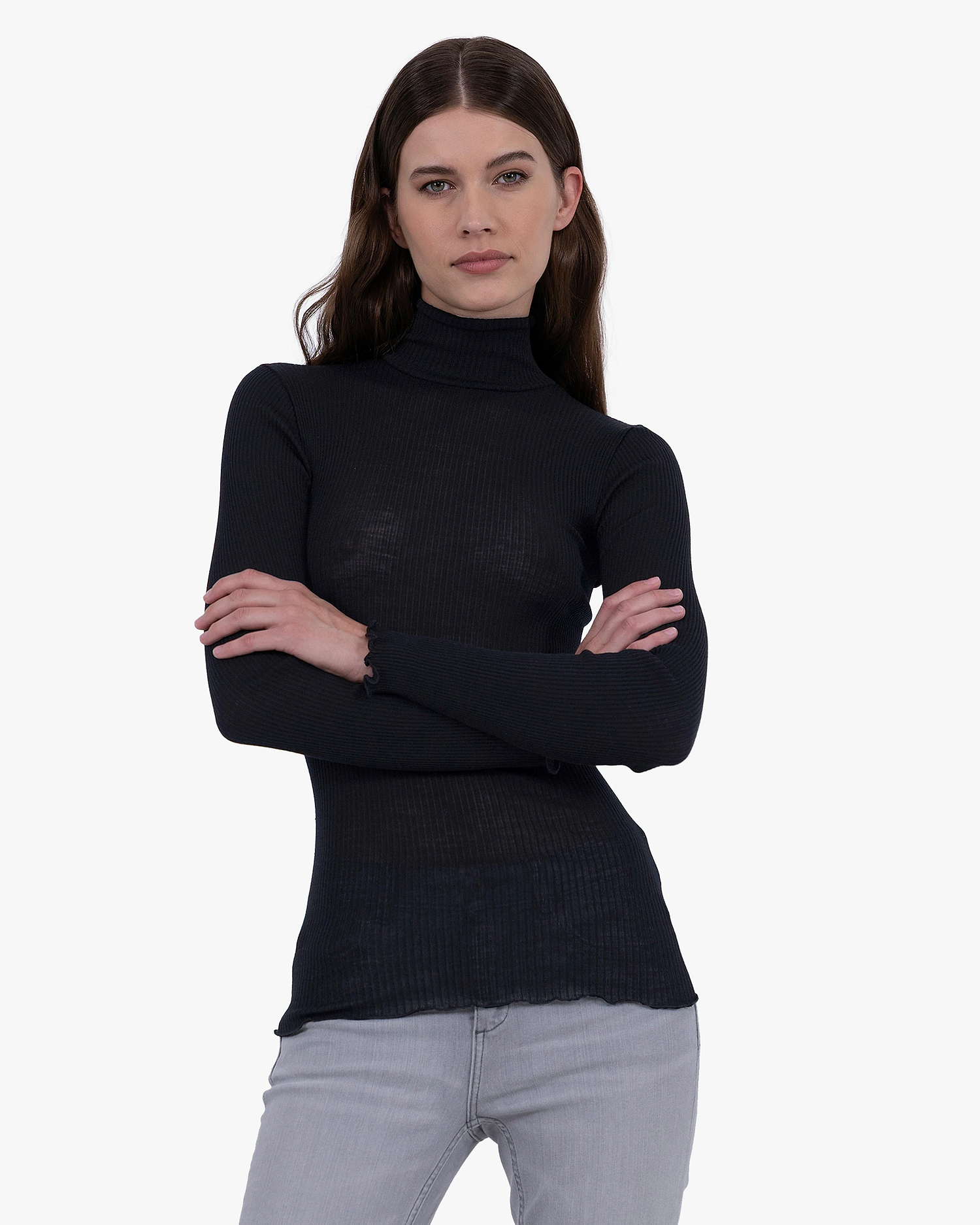 Pleated Turtleneck - Black Merino / Seta