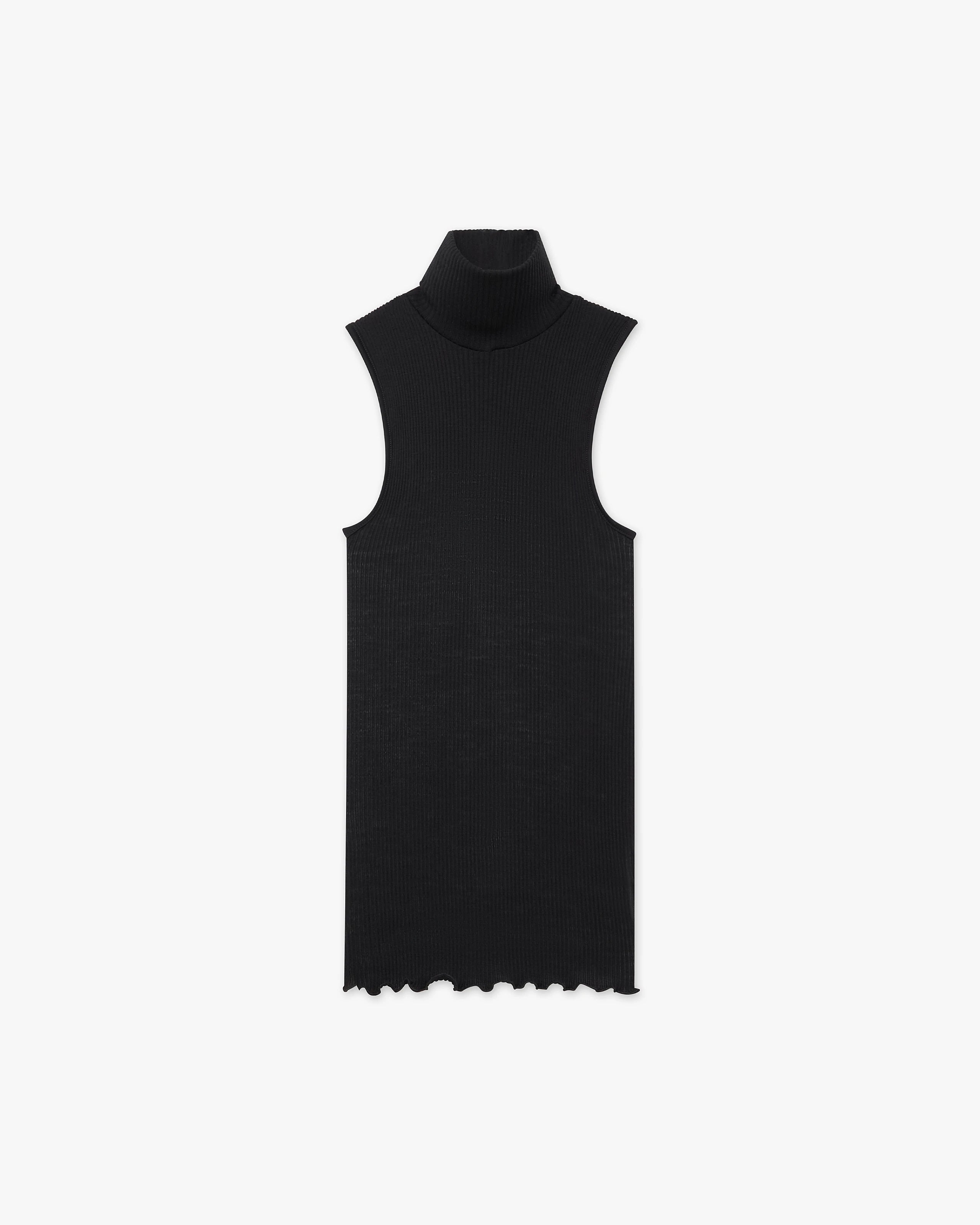 Turtleneck Pleated Tank Top - Black Merino / Seta