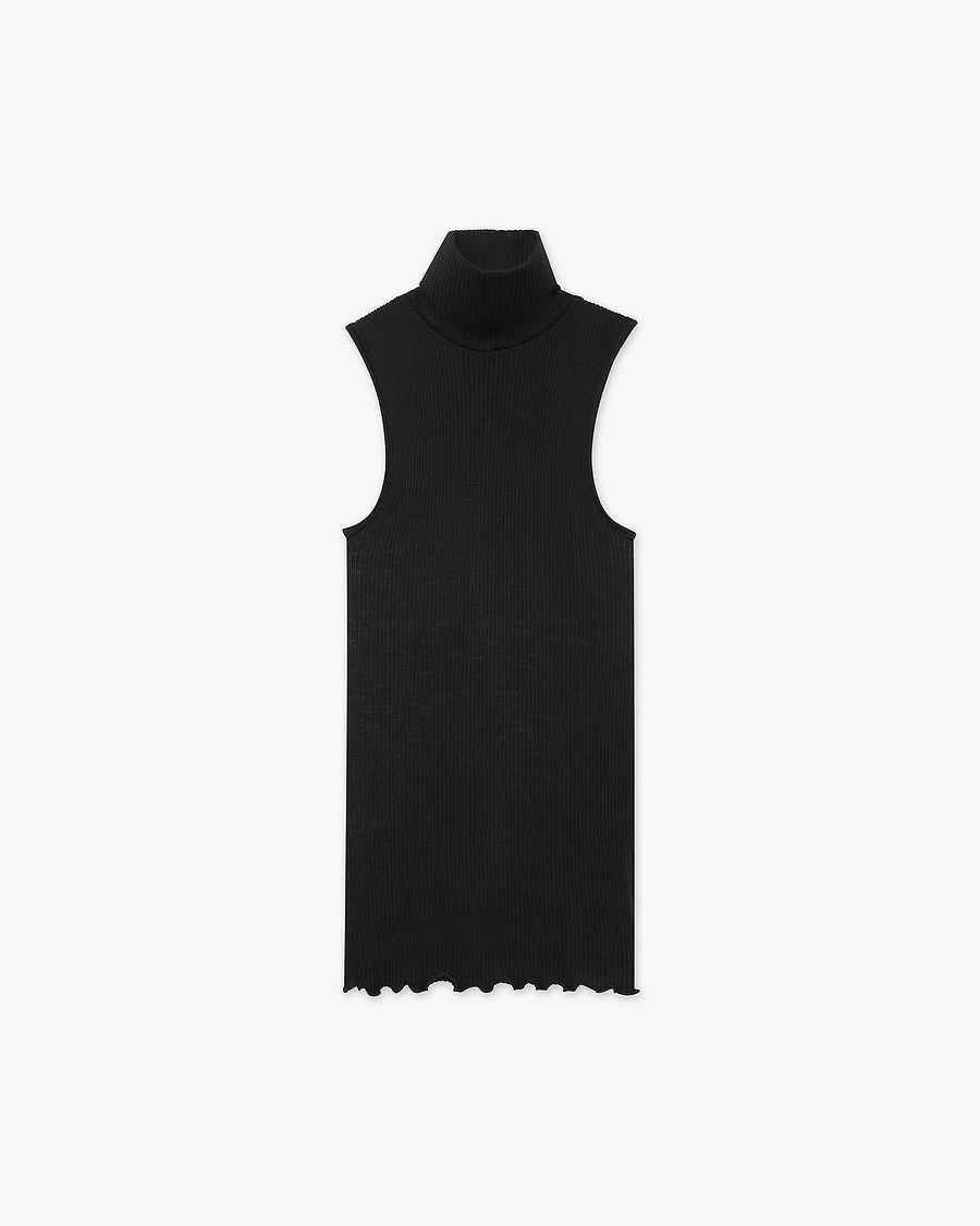 Turtleneck Pleated Tank Top - Black Merino / Seta