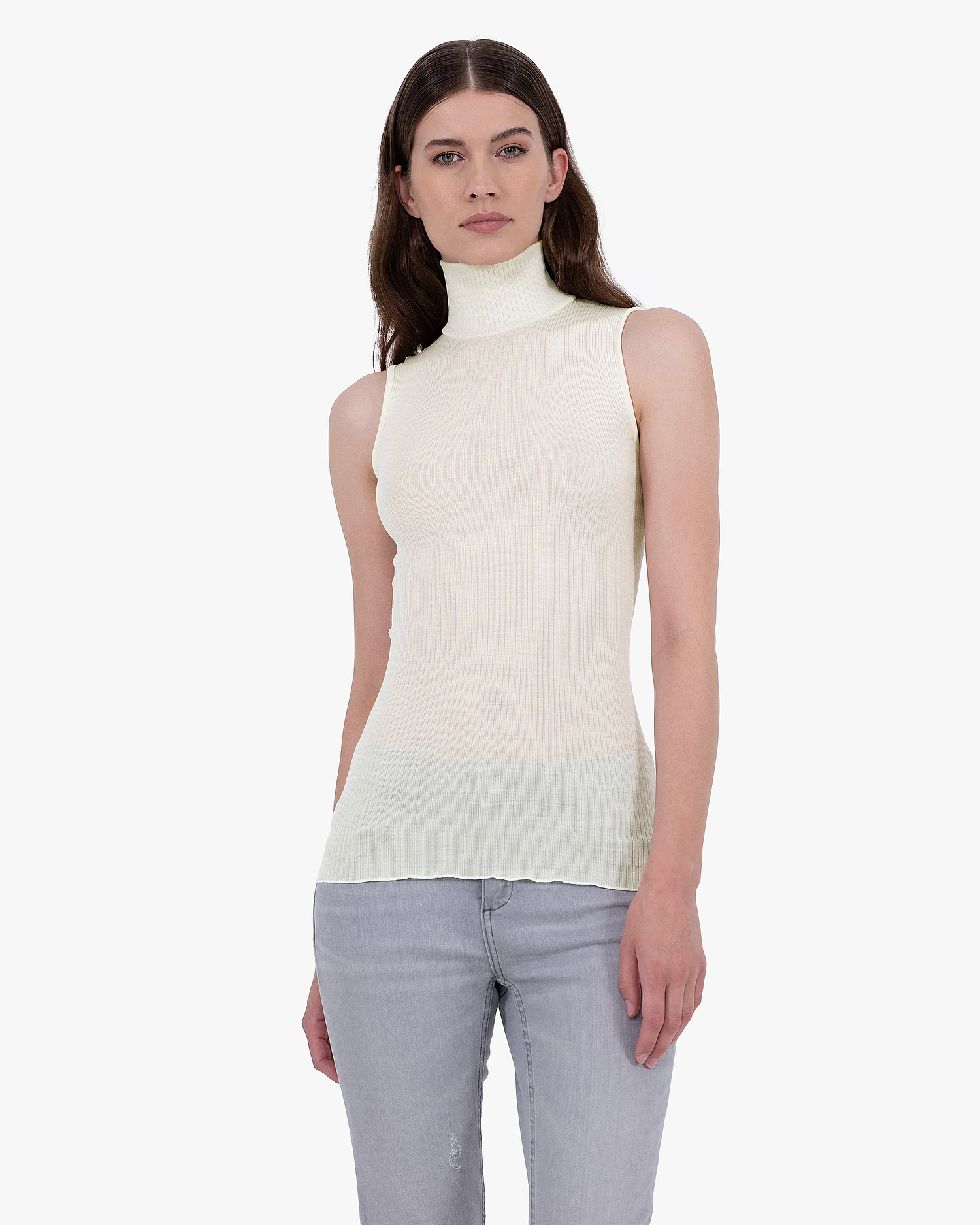 Turtleneck Pleated Tank Top - White Merino / Seta