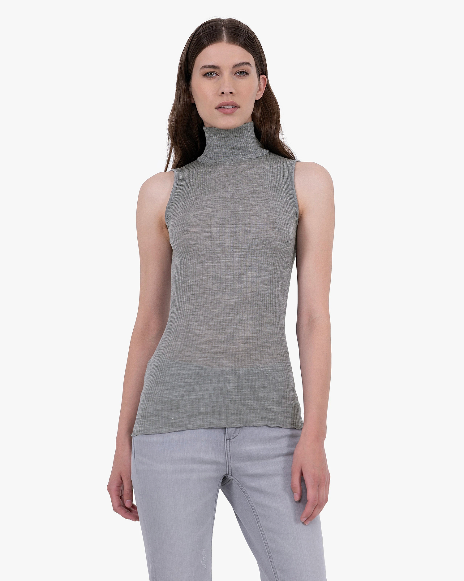 Turtleneck Pleated Tank Top - Grey Merino / Seta