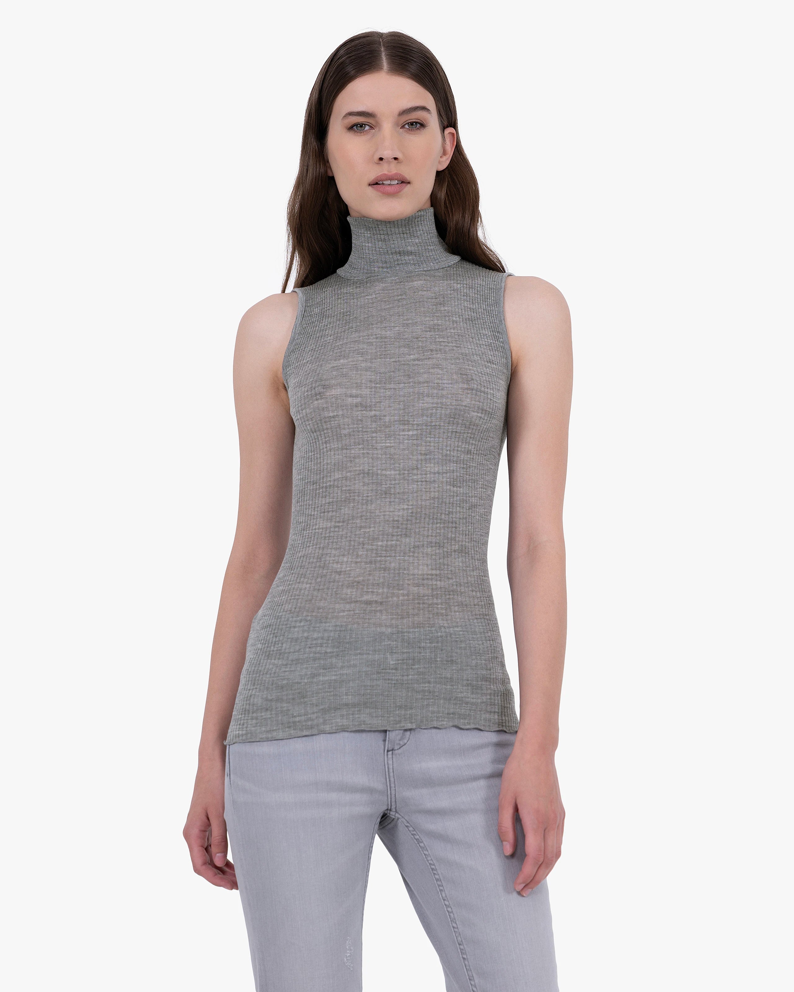 Turtleneck Pleated Tank Top - Grey Merino / Seta
