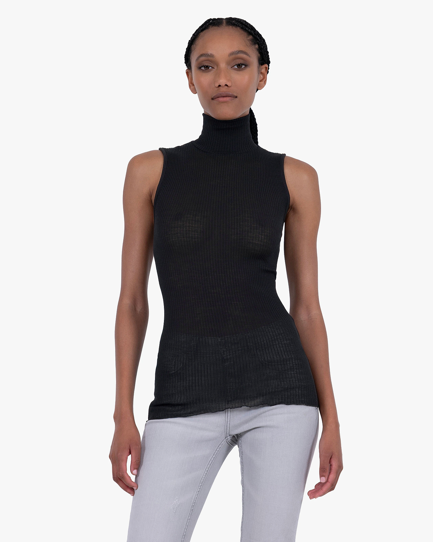 Turtleneck Pleated Tank Top - Black Merino / Seta