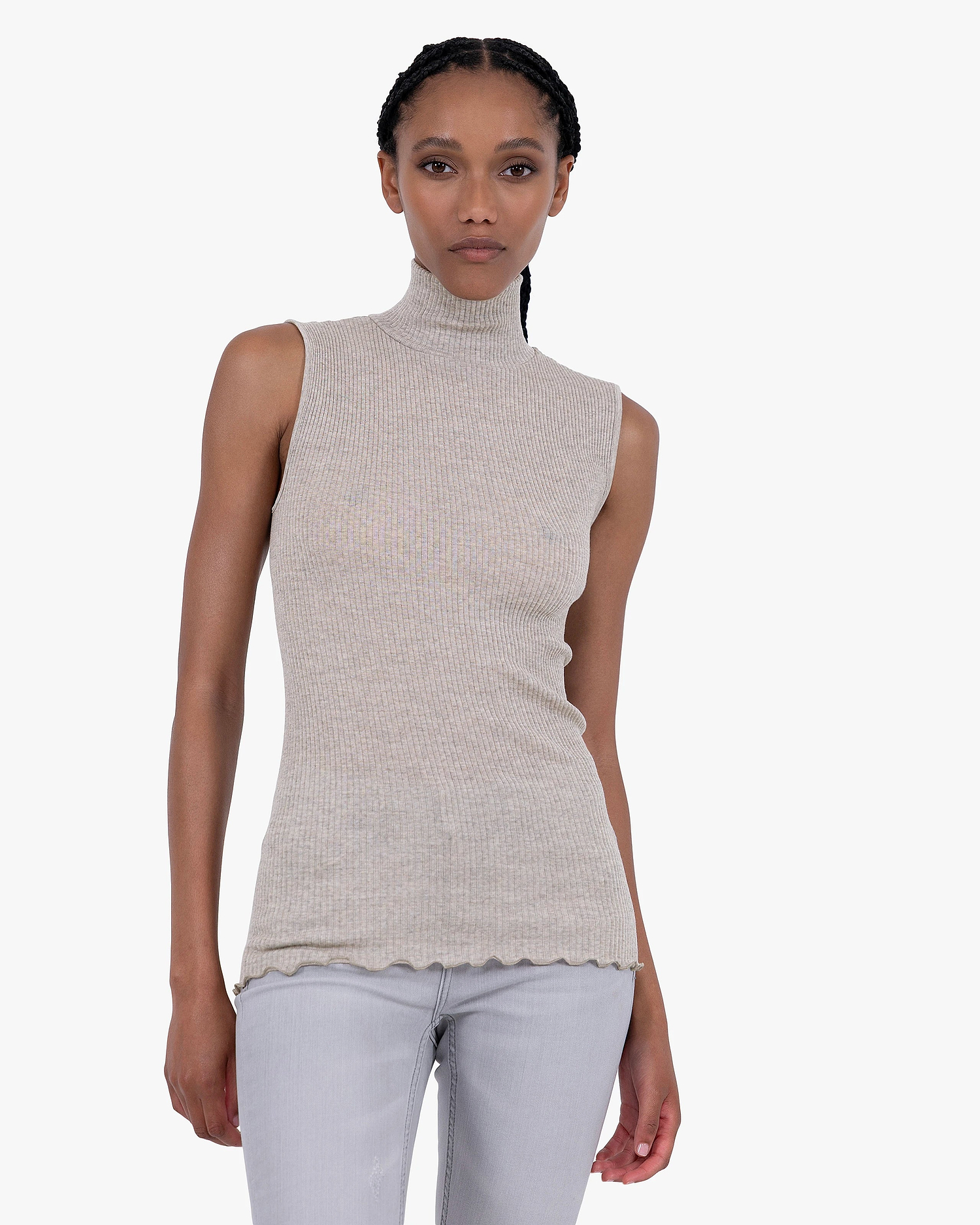 Turtleneck Pleated Tank Top - Walnut Merino / Seta