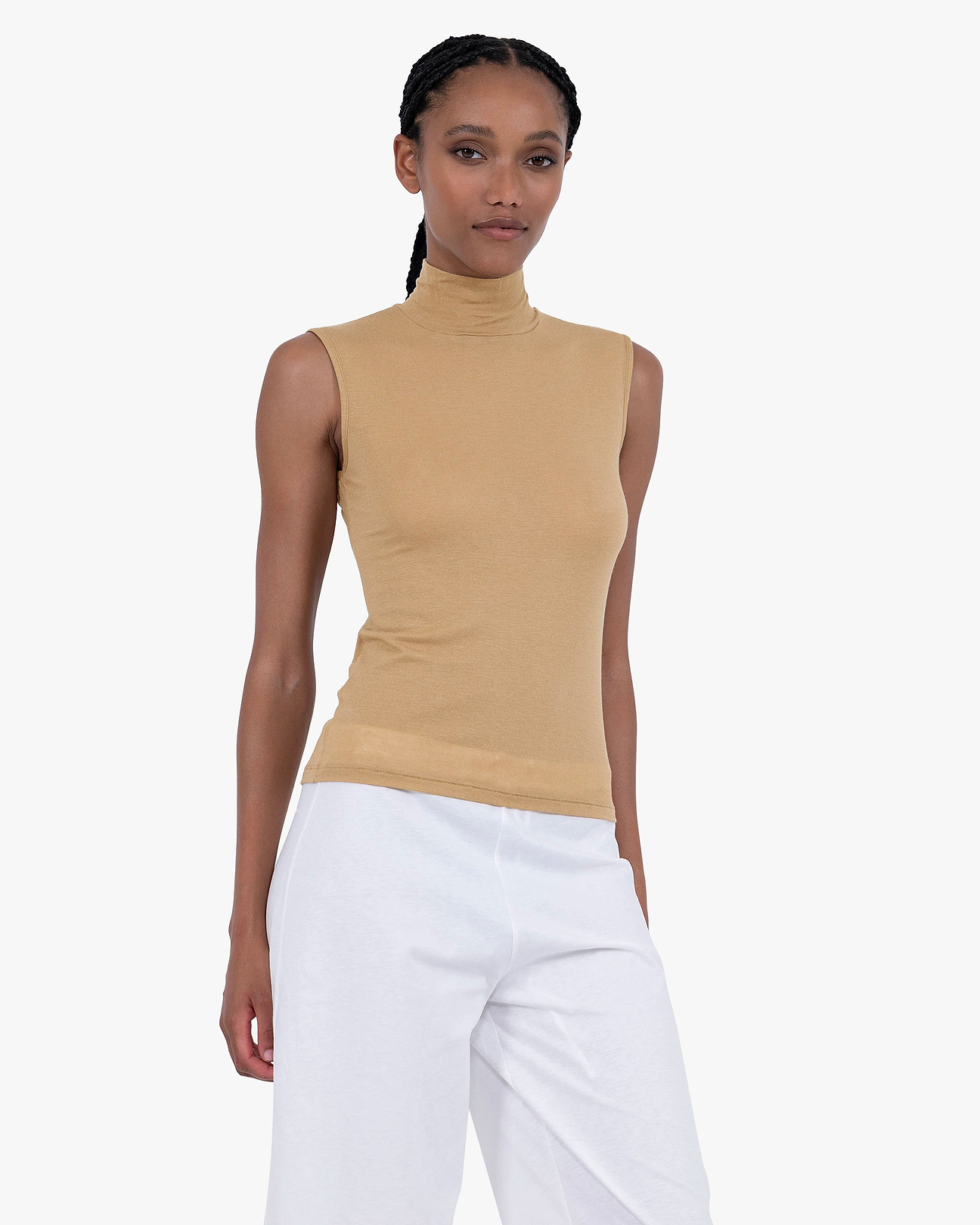 Ultralight Cashmere Mock Neck Tank Top - Camel | MaisonCashmere