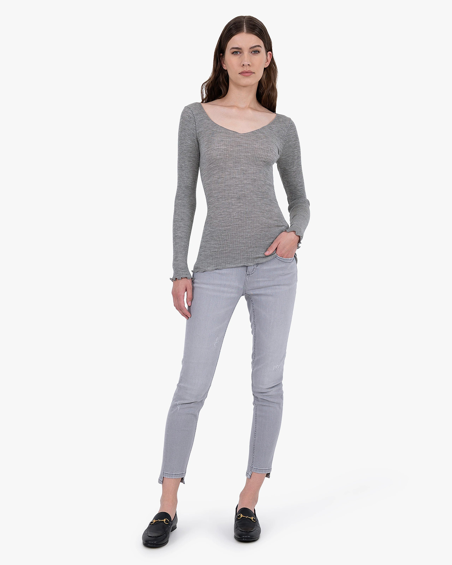 Pleated V-Neck - Grey Merino / Seta