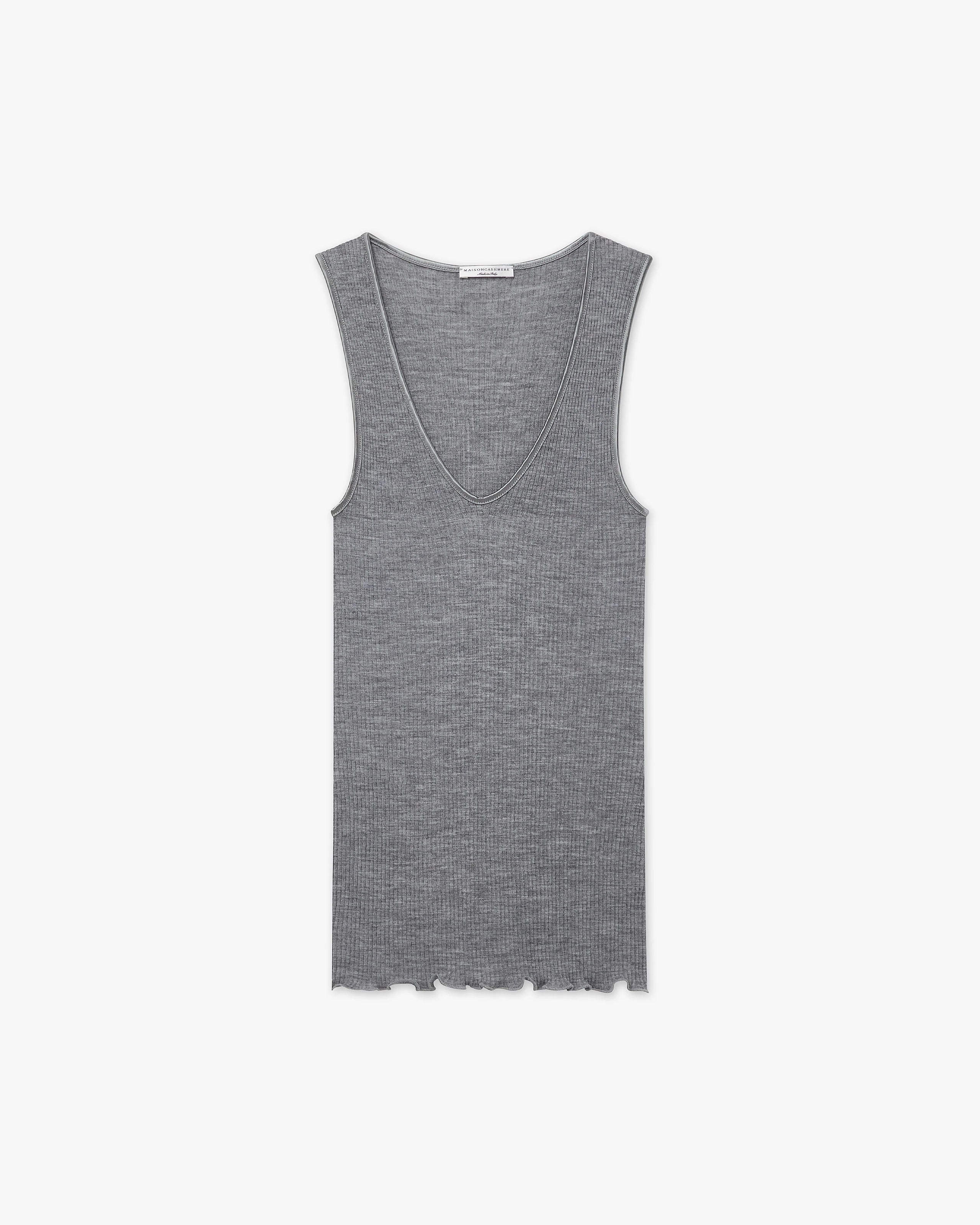 V-Neck Pleated Tank Top - Grey Merino / Seta
