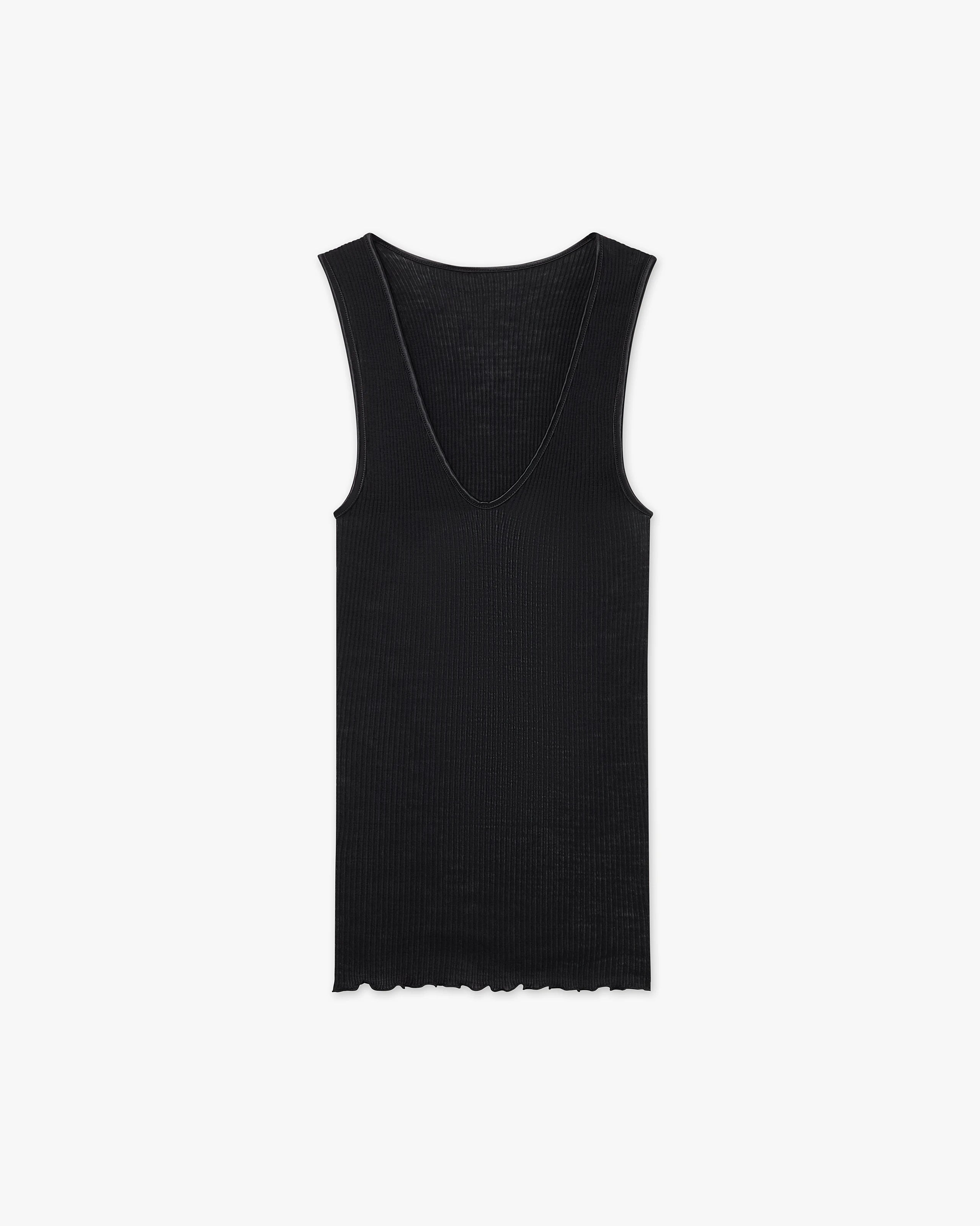 V-Neck Pleated Tank Top - Black Merino / Seta