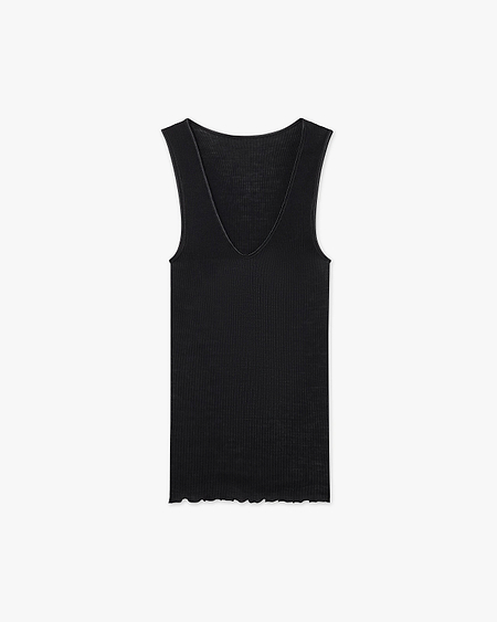 V-Neck Pleated Tank Top - Black Merino / Seta