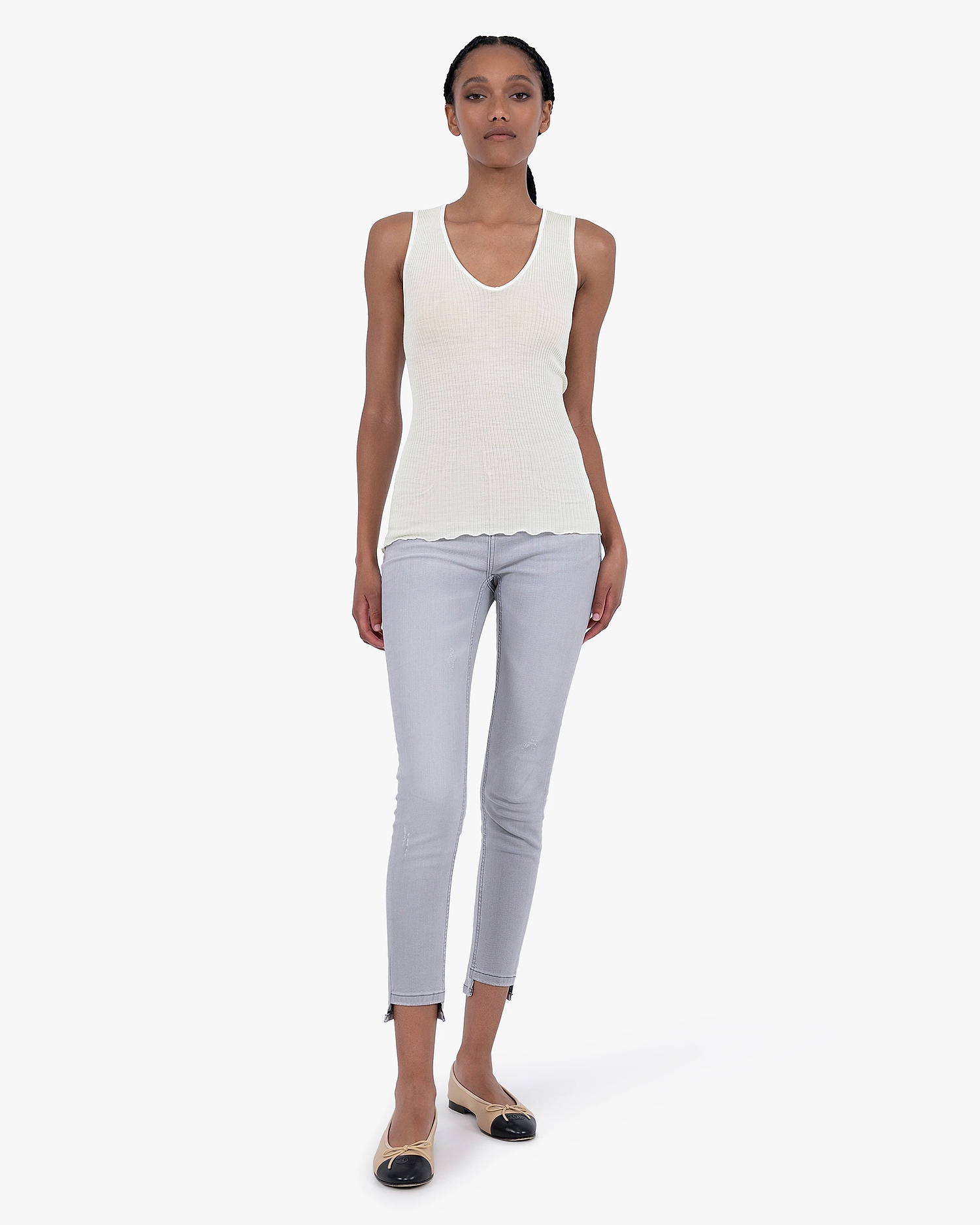 V-Neck Pleated Tank Top - White Merino / Seta