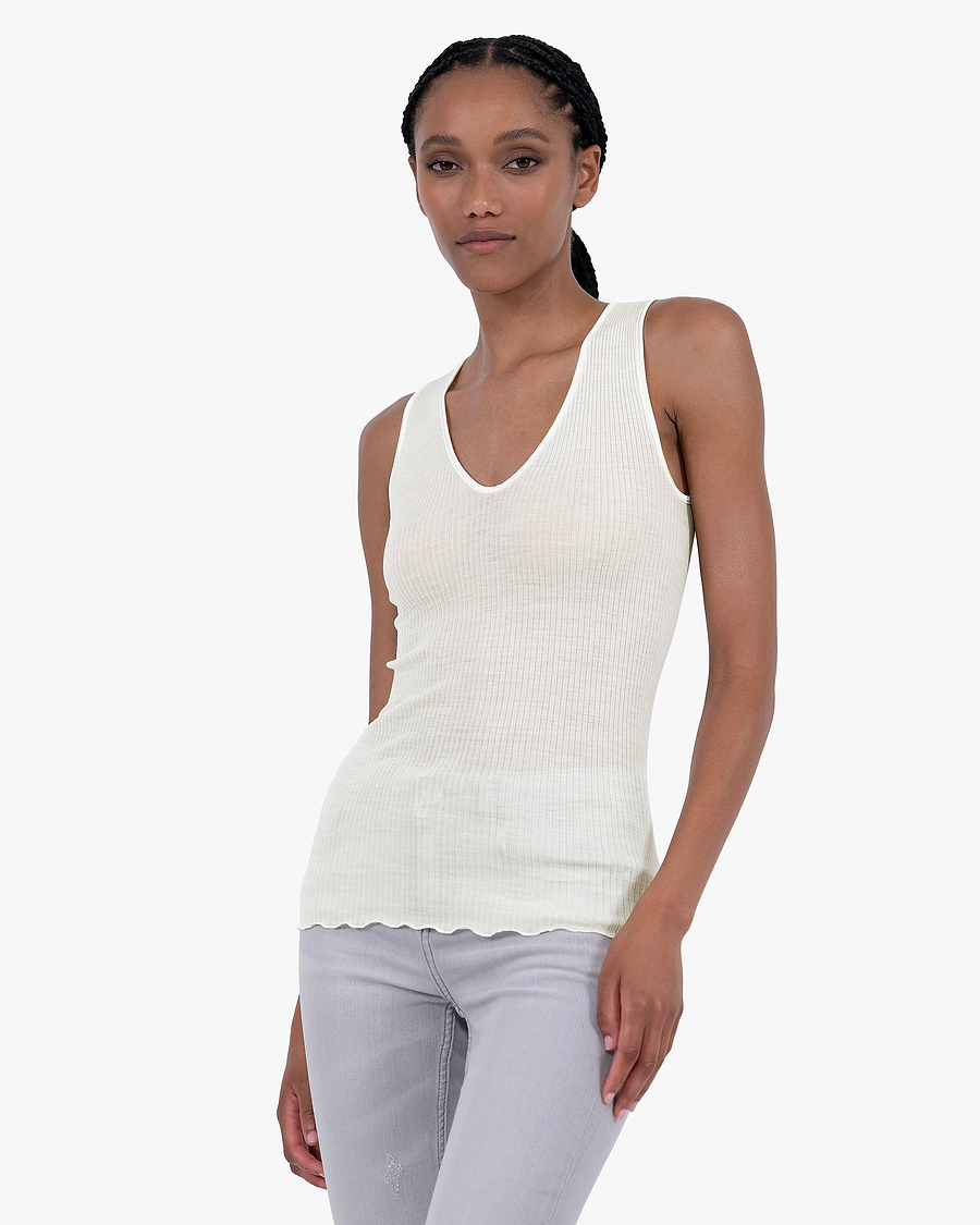 V-Neck Pleated Tank Top - White Merino / Seta