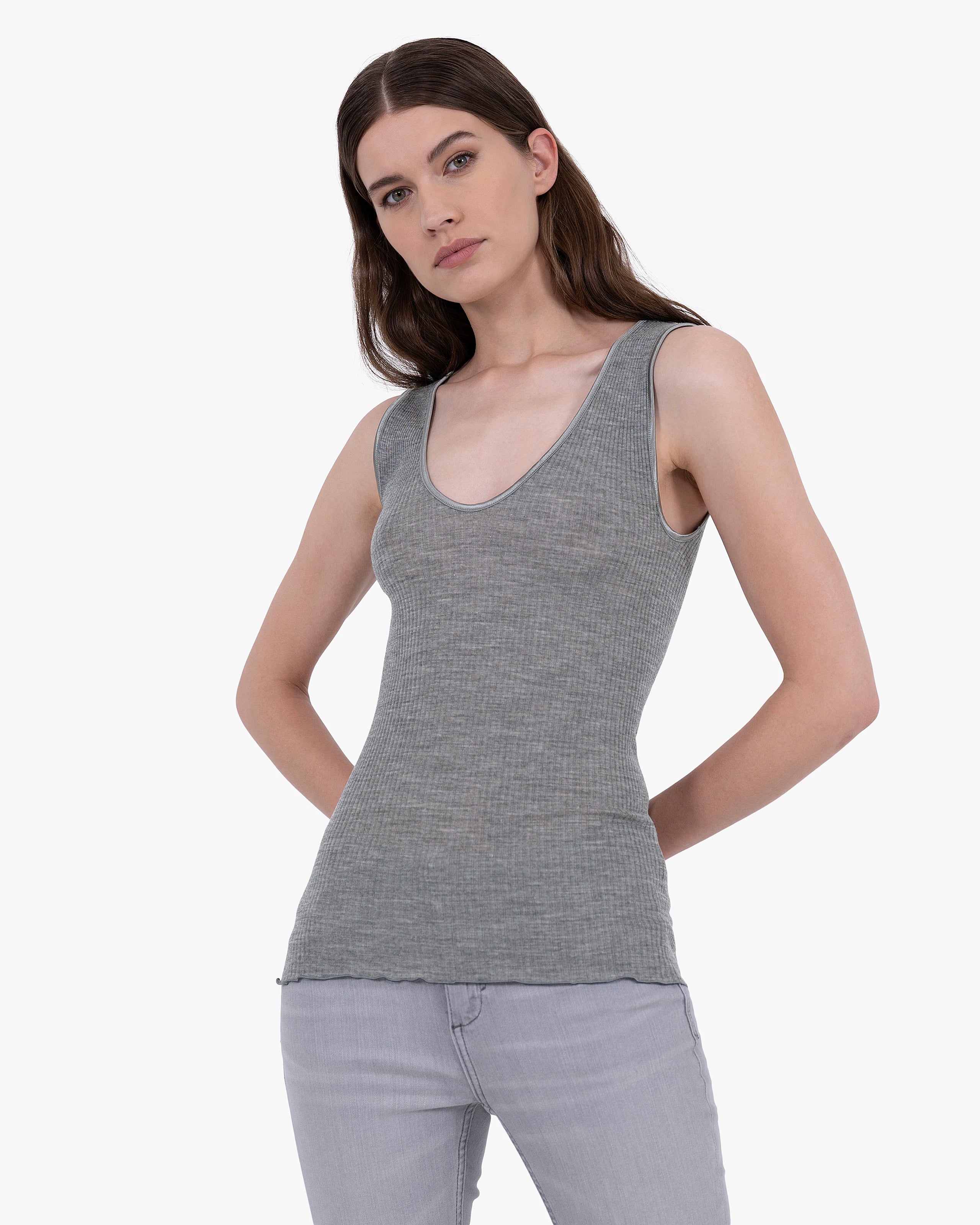V-Neck Pleated Tank Top - Grey Merino / Seta