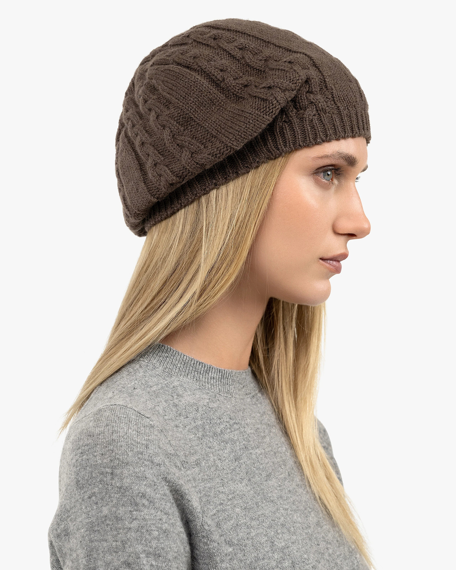 Virginia Cable Knit Beret - Brown Cashmere