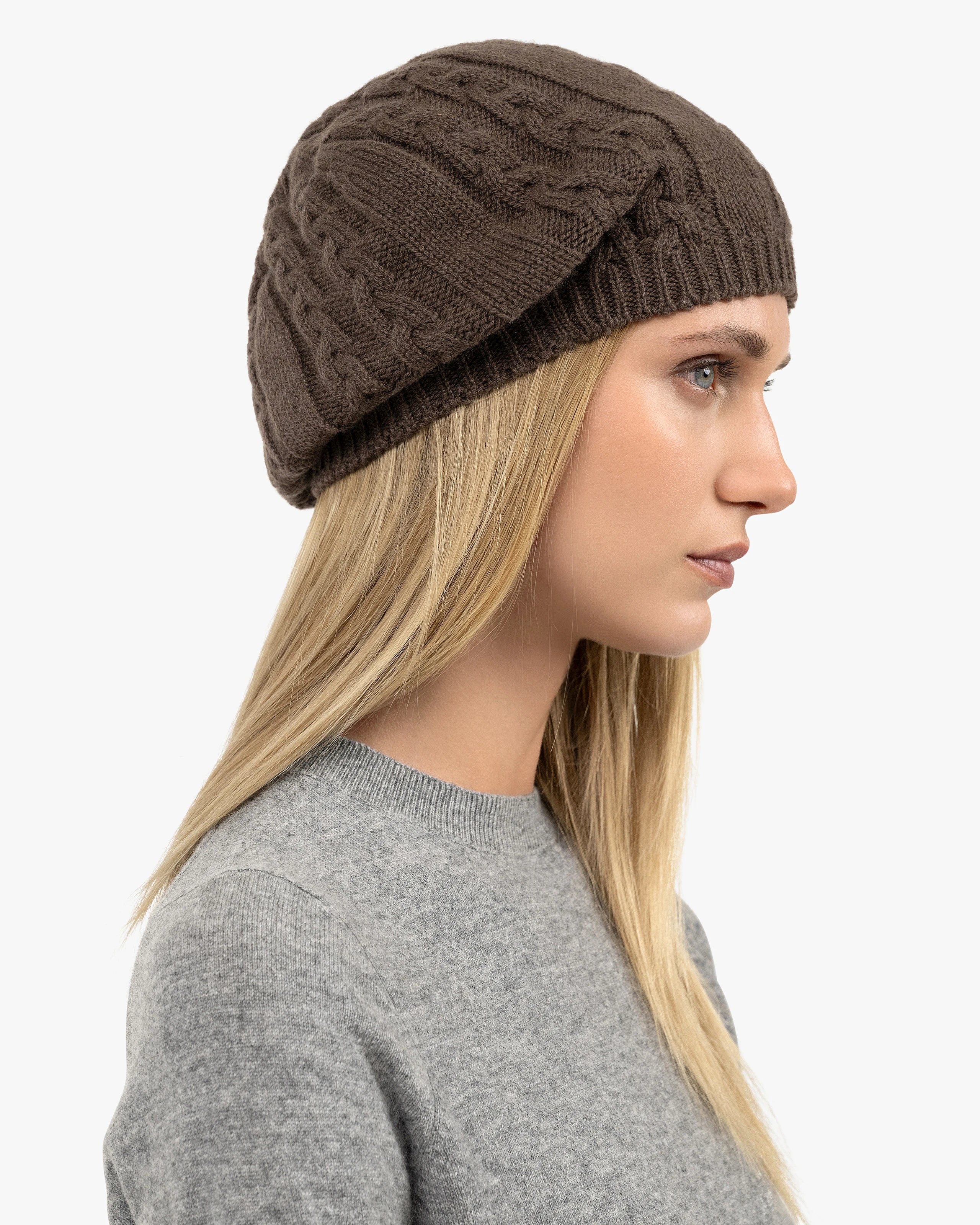 Virginia Cable Knit Beret - Brown Cashmere