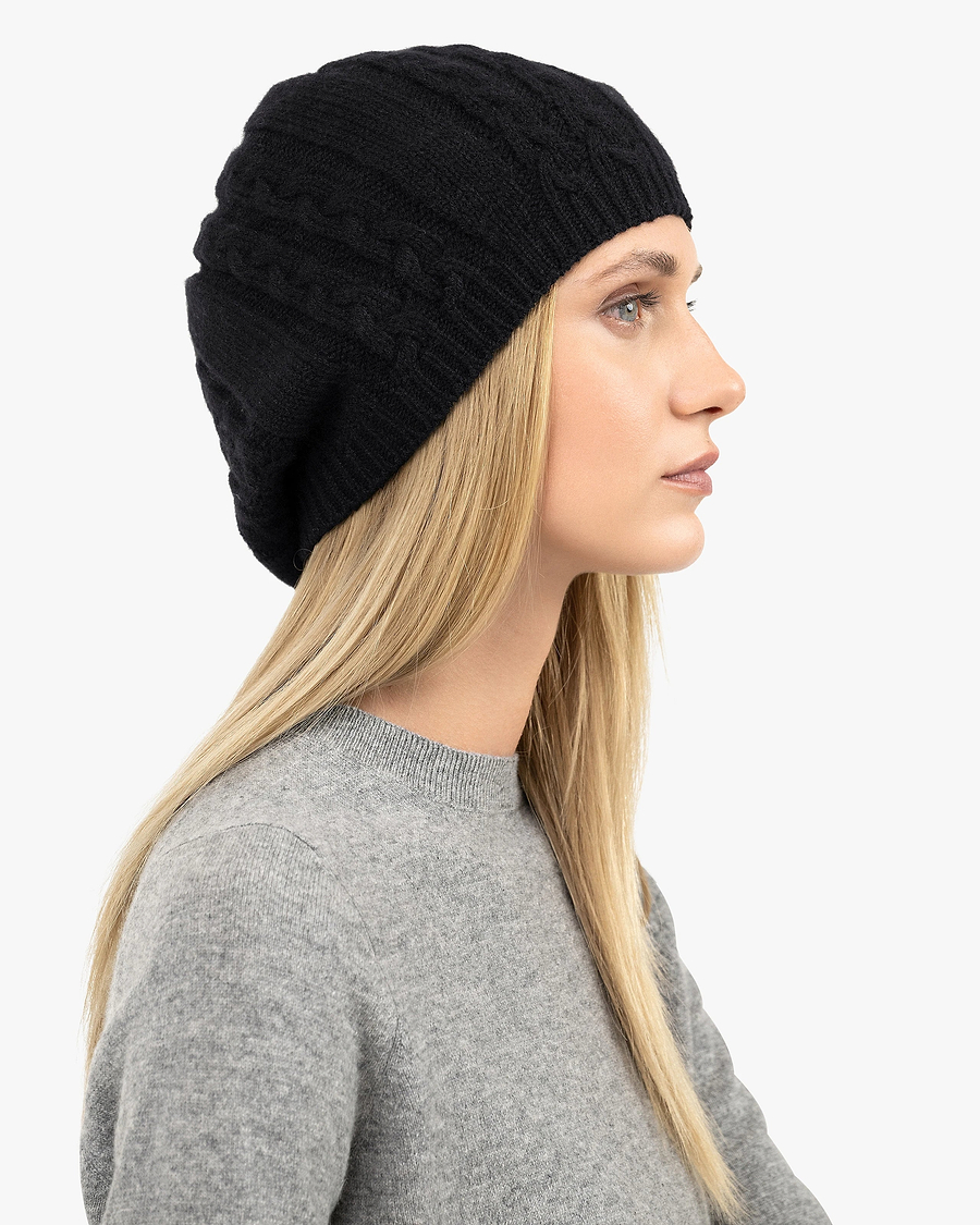 Virginia Cable Knit Beret - Black Cashmere