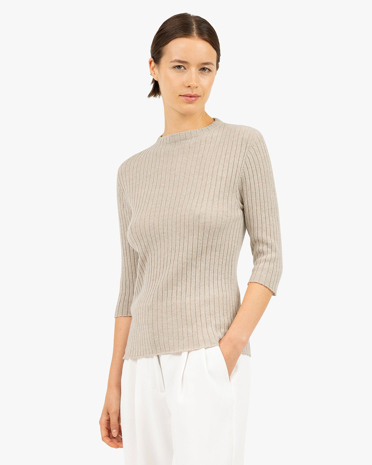 Brera Cashmere 3/4 Sleeves Sweater - Beige | MaisonCashmere