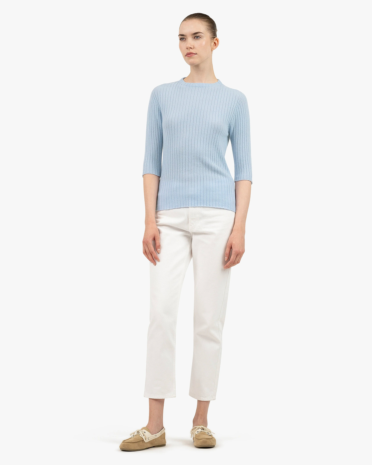 Brera Cashmere 3/4 Sleeves Sweater - Light Blue | MaisonCashmere