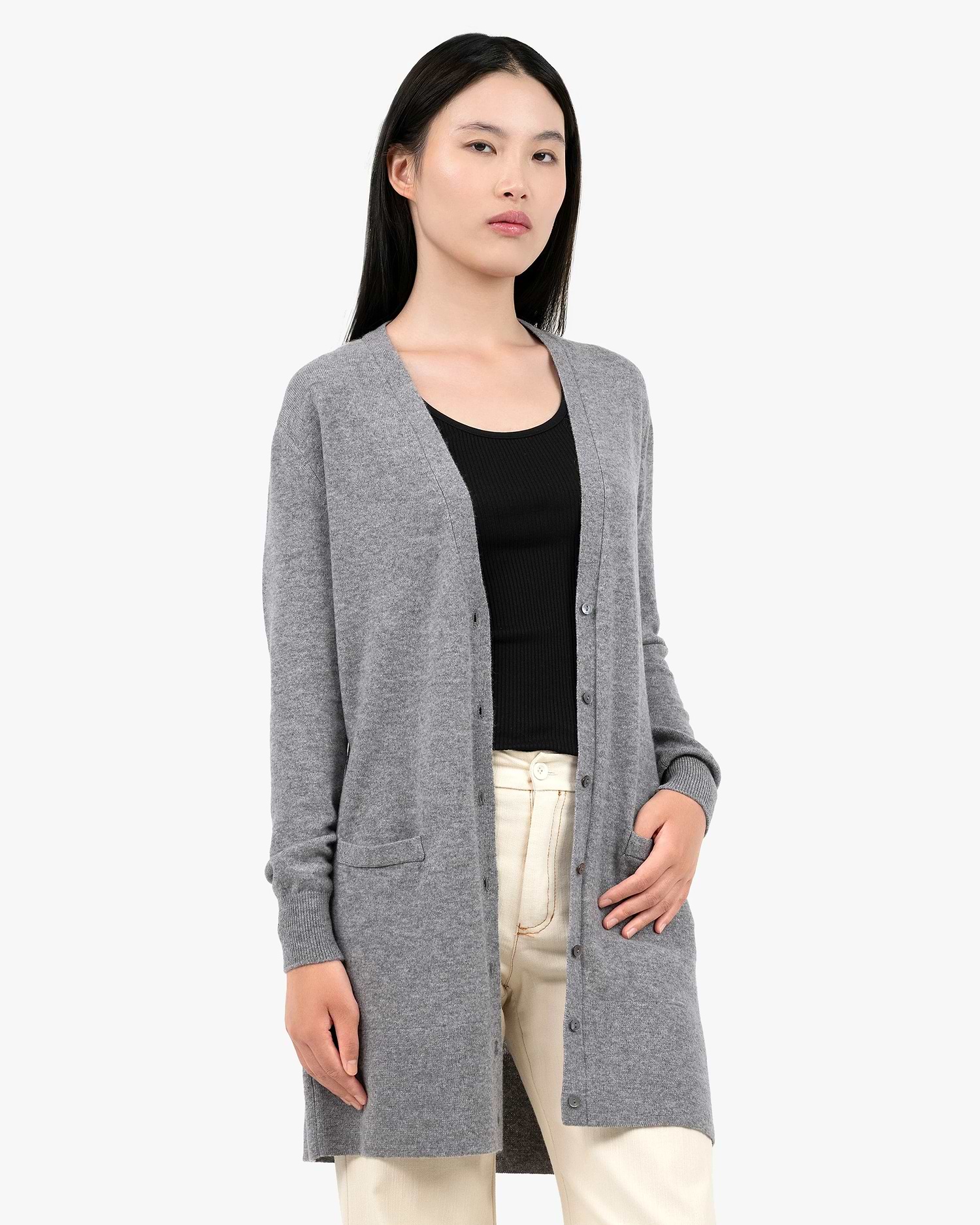 Women's Essential Long Cashmere Cardigan - Medium Grey Women's Essential Long Cashmere Cardigan - Medium Grey
