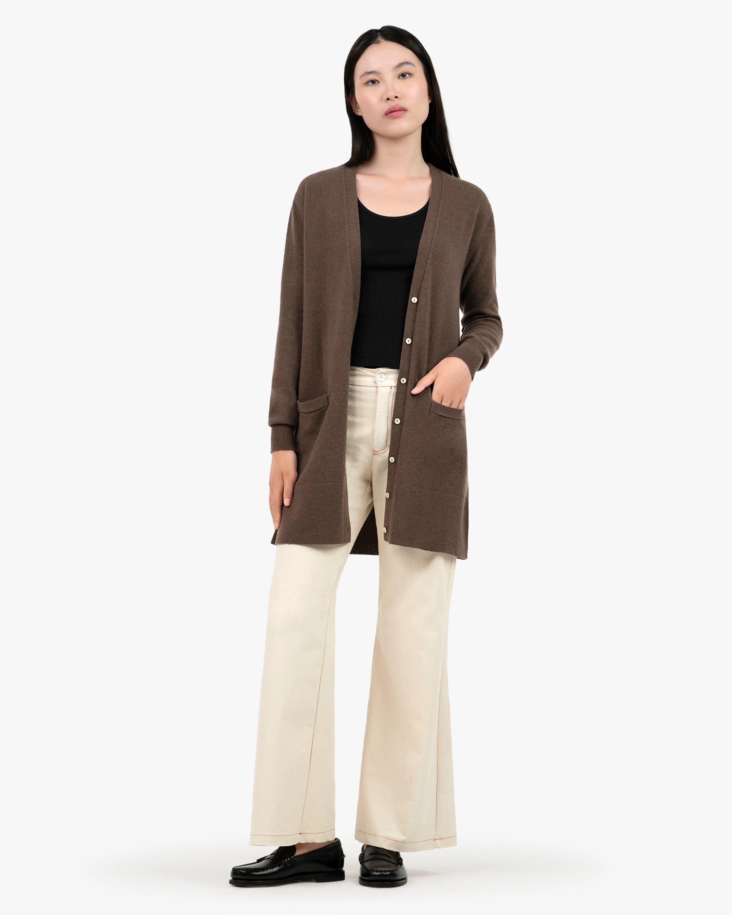 Women's Essential Long Cashmere Cardigan - Brown | MaisonCashmere