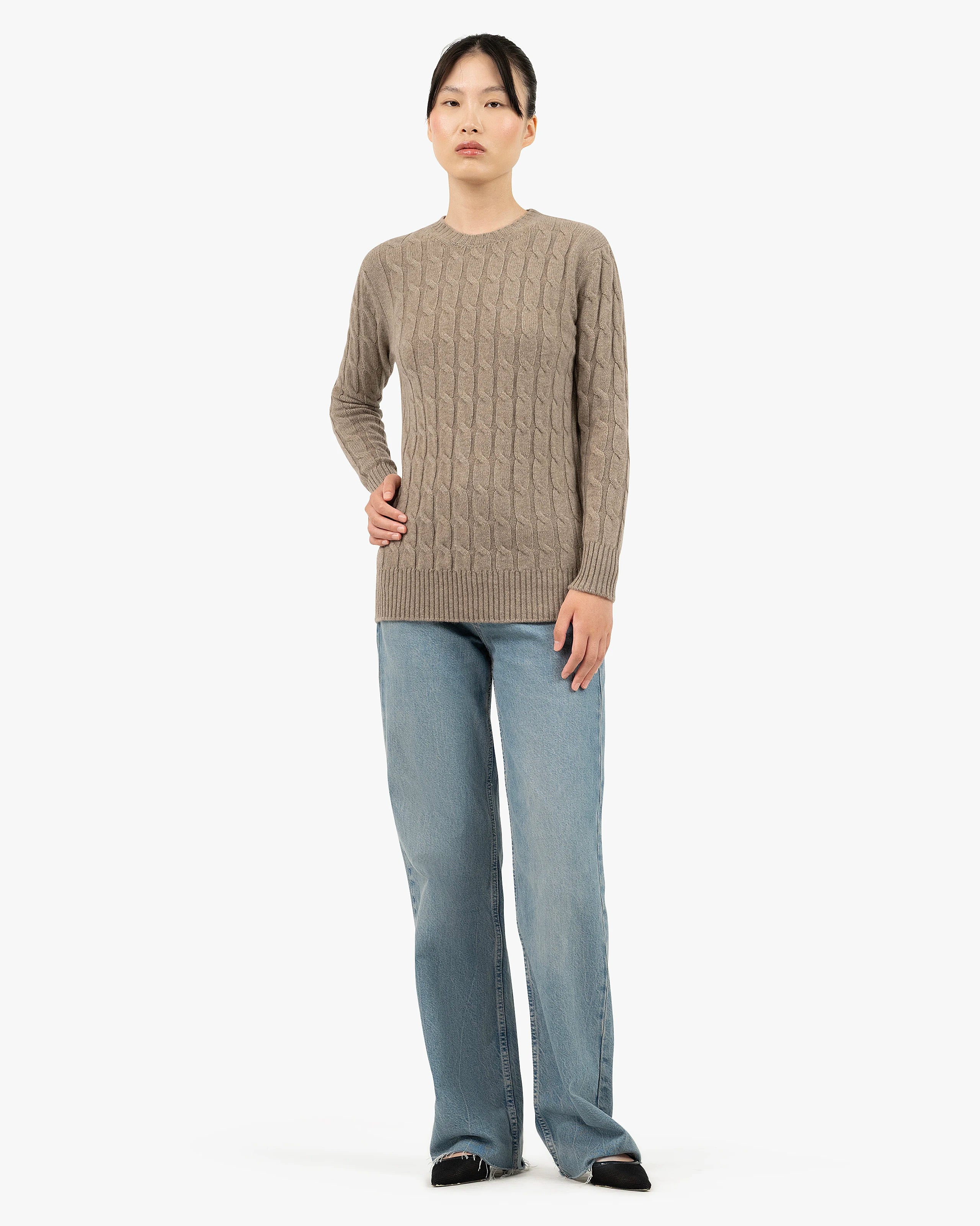 Women's Essential Cashmere Cable Sweater - Taupe | MaisonCashmere