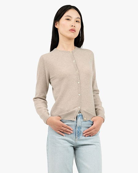 Essential Crew Neck Cardigan - Beige Cashmere