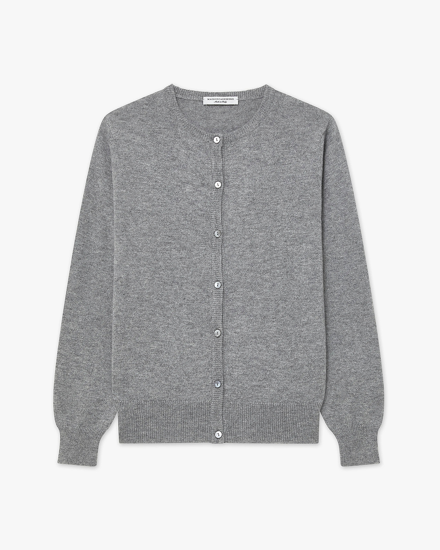 Essential Crew Neck Cardigan - Medium Grey Cashmere