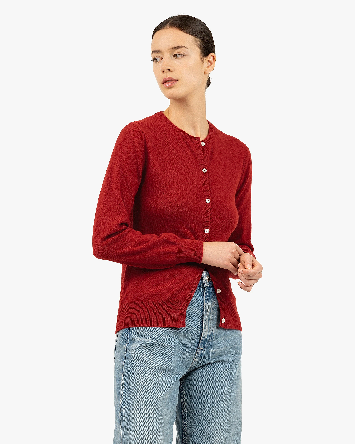 Essential Crew Neck Cardigan - Red Cashmere