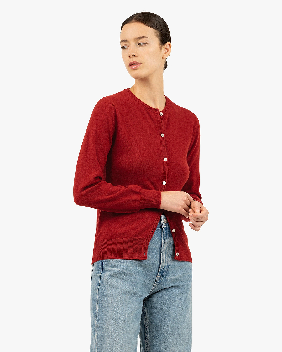 Essential Crew Neck Cardigan - Red Cashmere