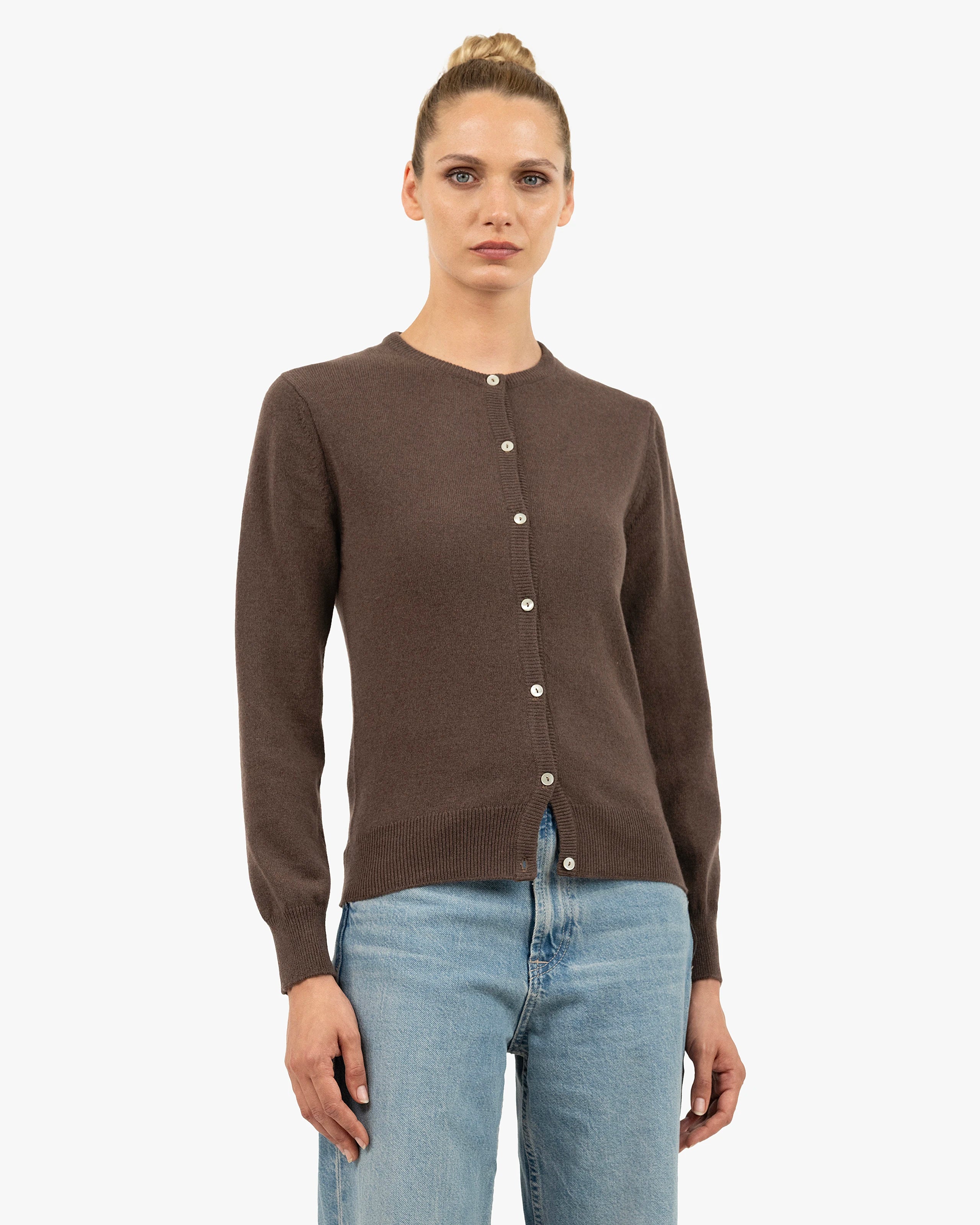 Essential Crew Neck Cardigan - Brown Cashmere