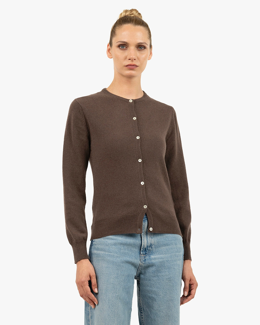 Essential Crew Neck Cardigan - Brown Cashmere